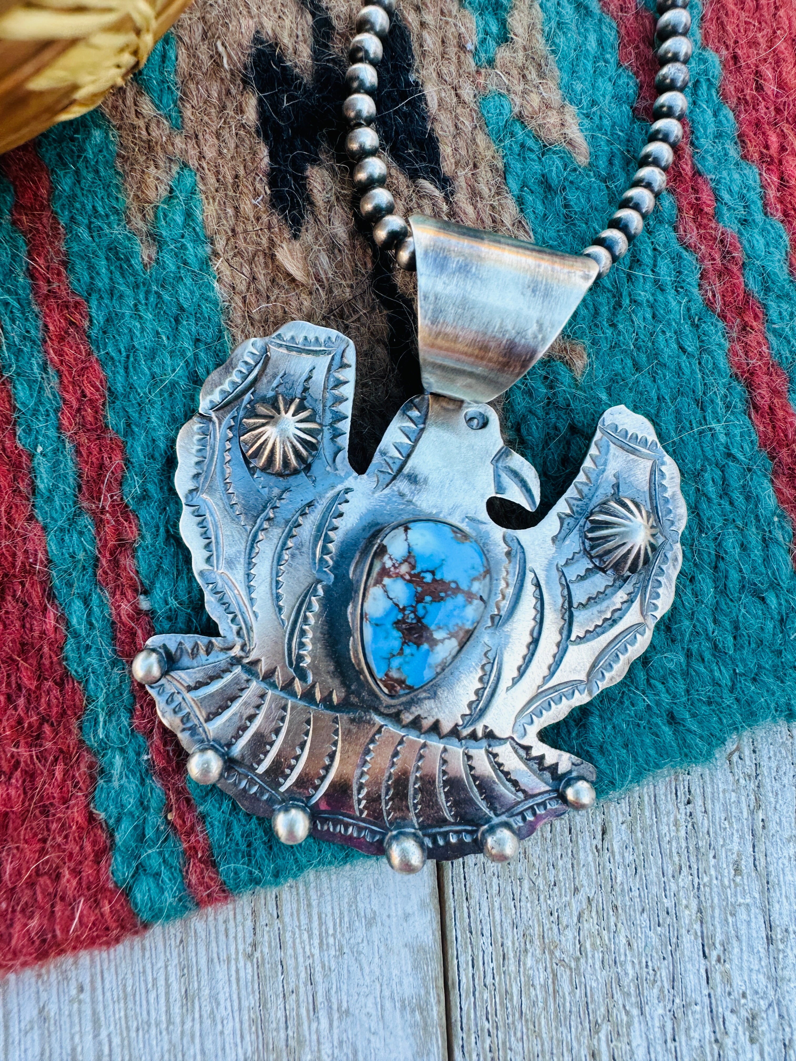 Handcrafted Sterling Silver & Golden Hills Turquoise Thunderbird Pendant by Chimney Butte
