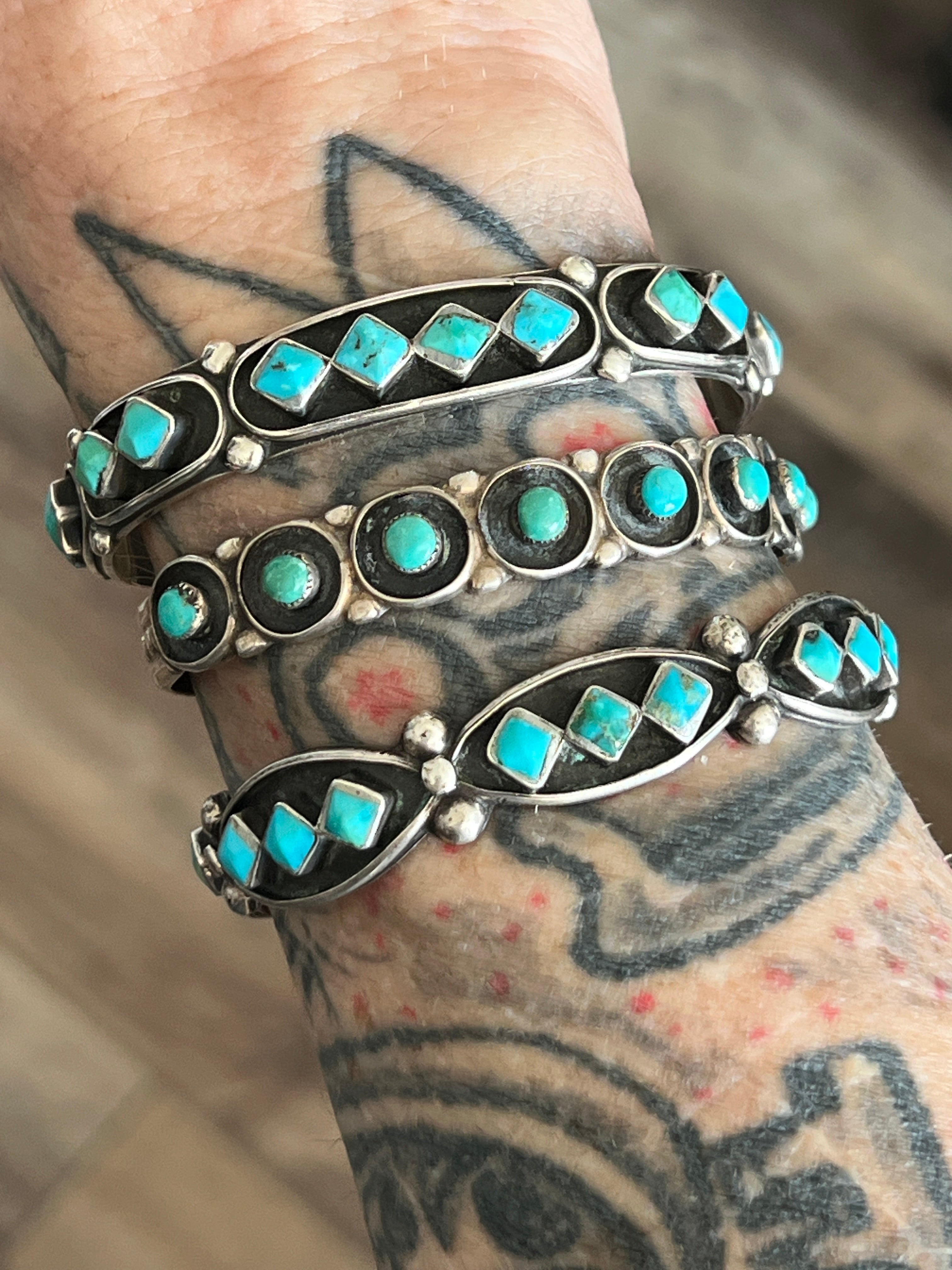 Handcrafted Vintage Sterling Silver and Four Diamond Turquoise Panel Stacker Cuff Bracelet