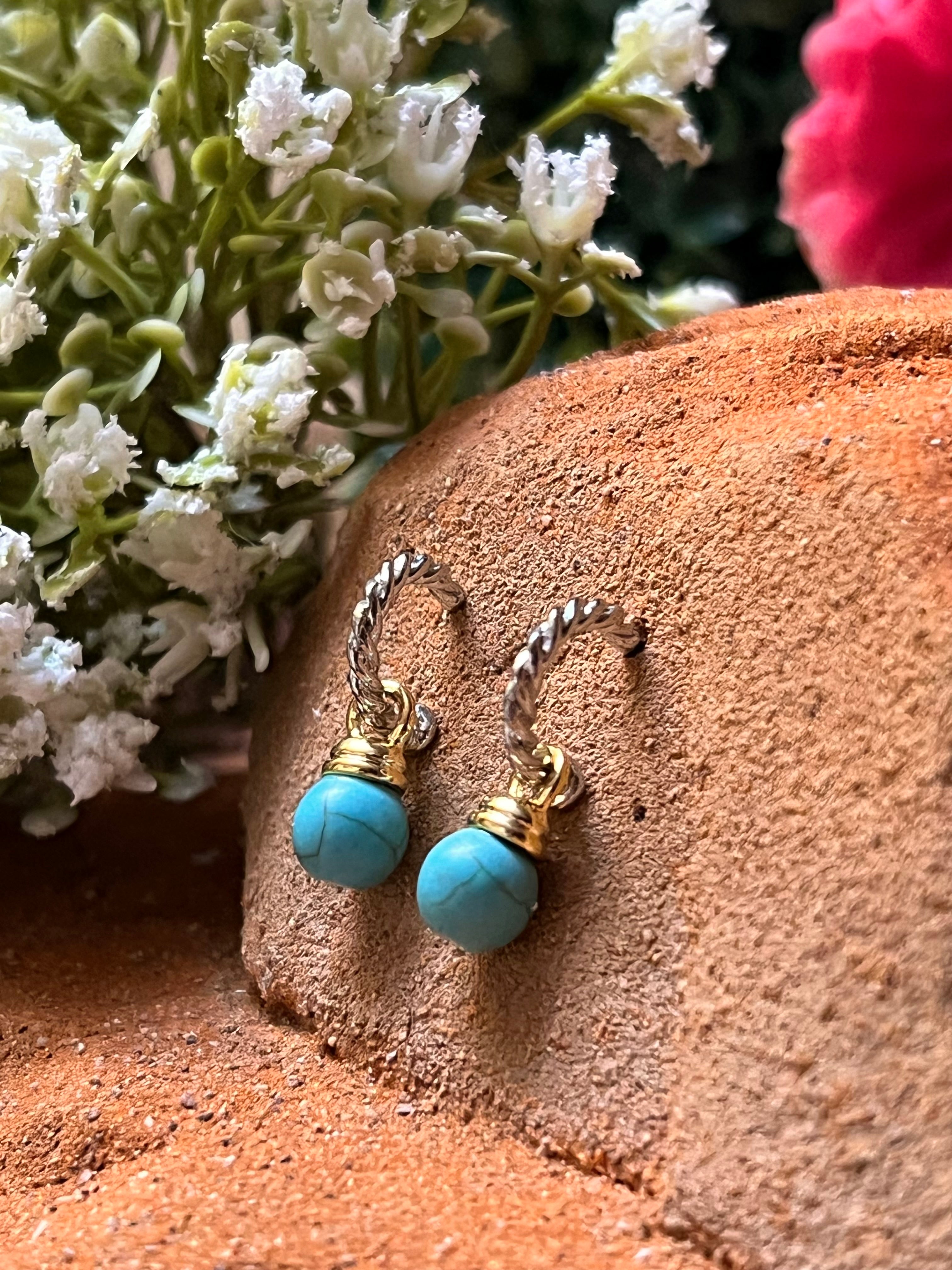 Silver & 14k Gold Plated Two Tone Turquoise Colored Bead Cable Hoop Earrings