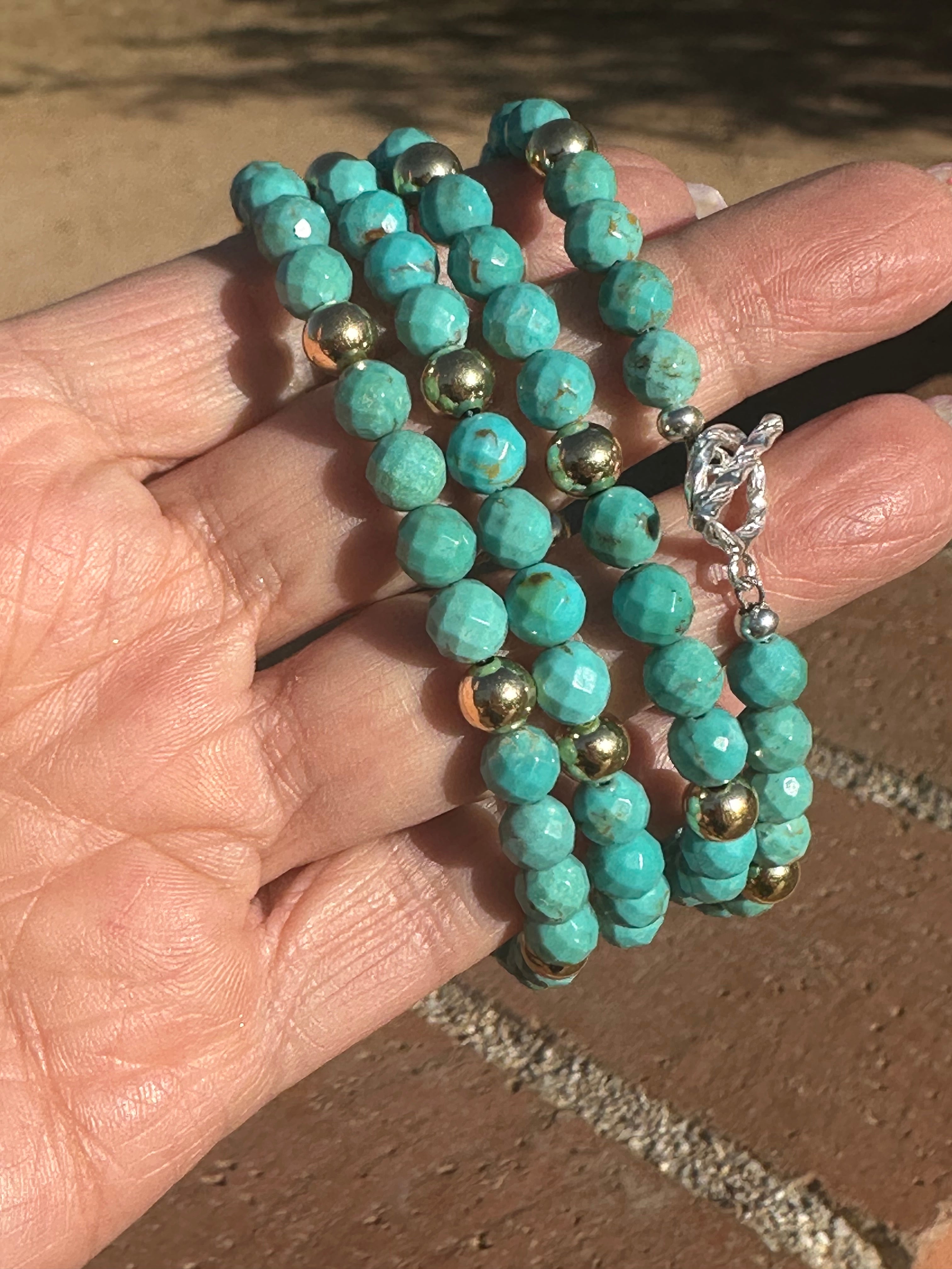 Handcrafted Sterling Silver with 14kt Gold Overlay Kingman Turquoise Beaded Bracelet
