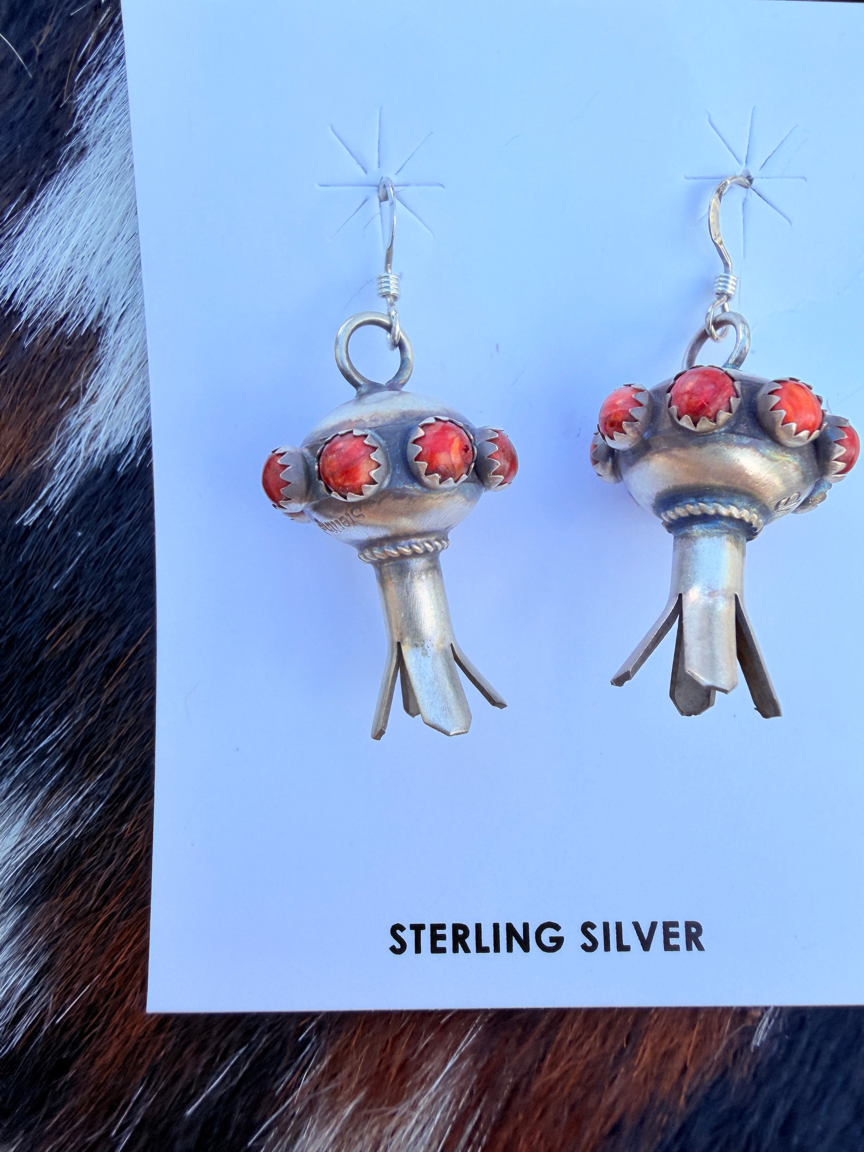 Handcrafted Red Spiny Oyster & Sterling Silver Blossom Dangle Earrings
