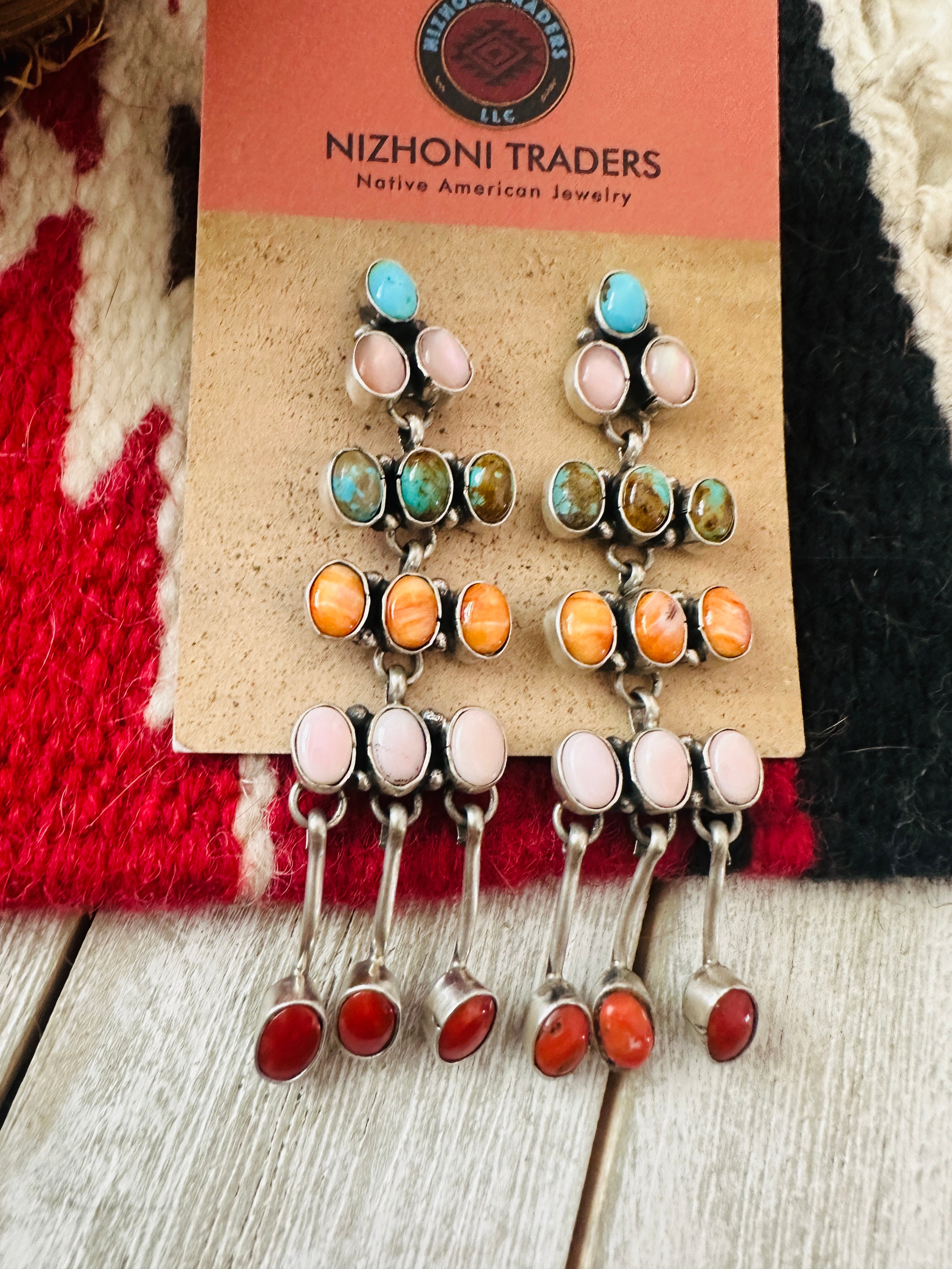 Navajo Multi Stone & Sterling Silver Chandelier Dangle Earrings by Marcella James