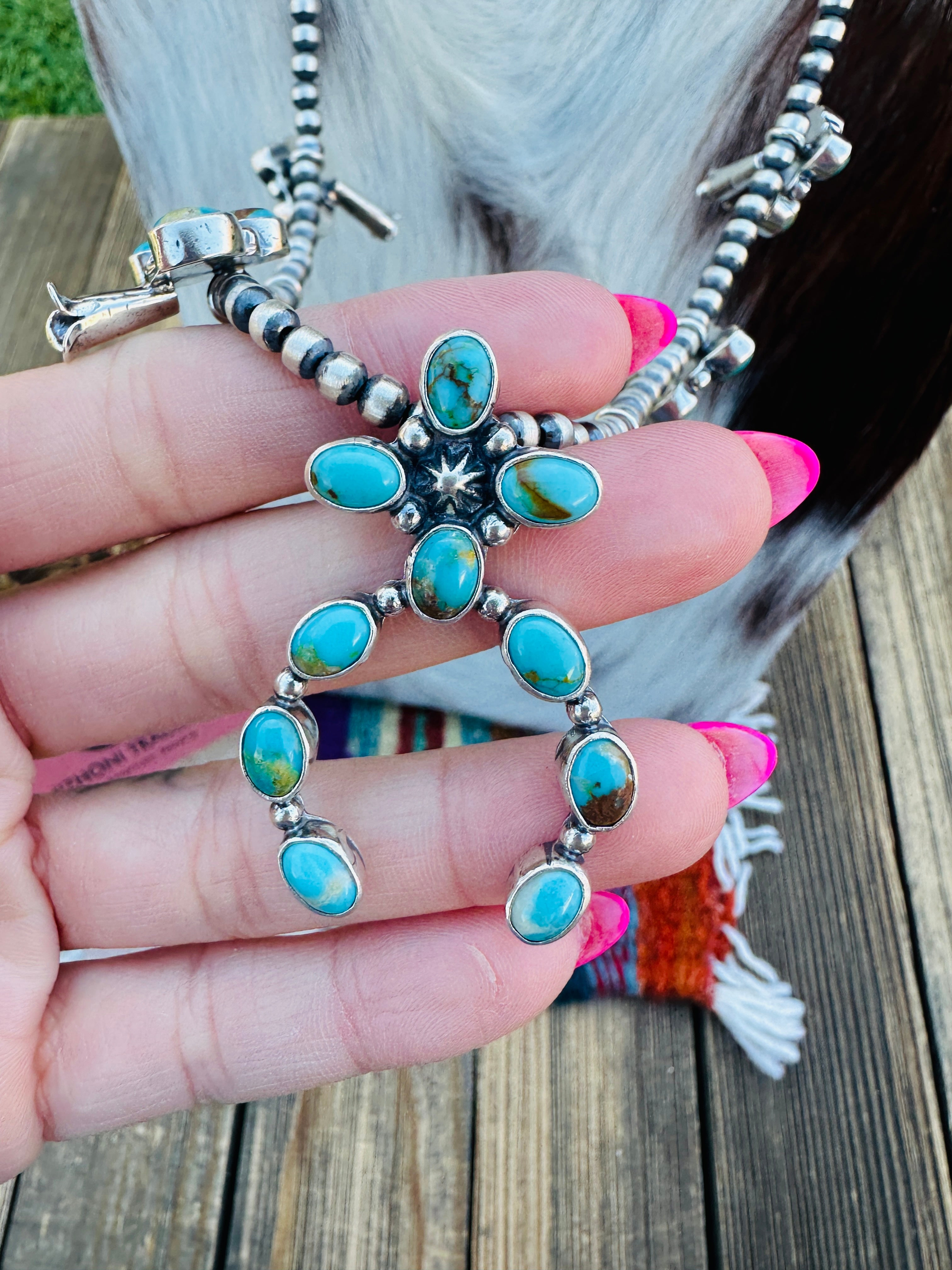 Handcrafted Sterling Silver & Turquoise Squash Blossom Necklace Set