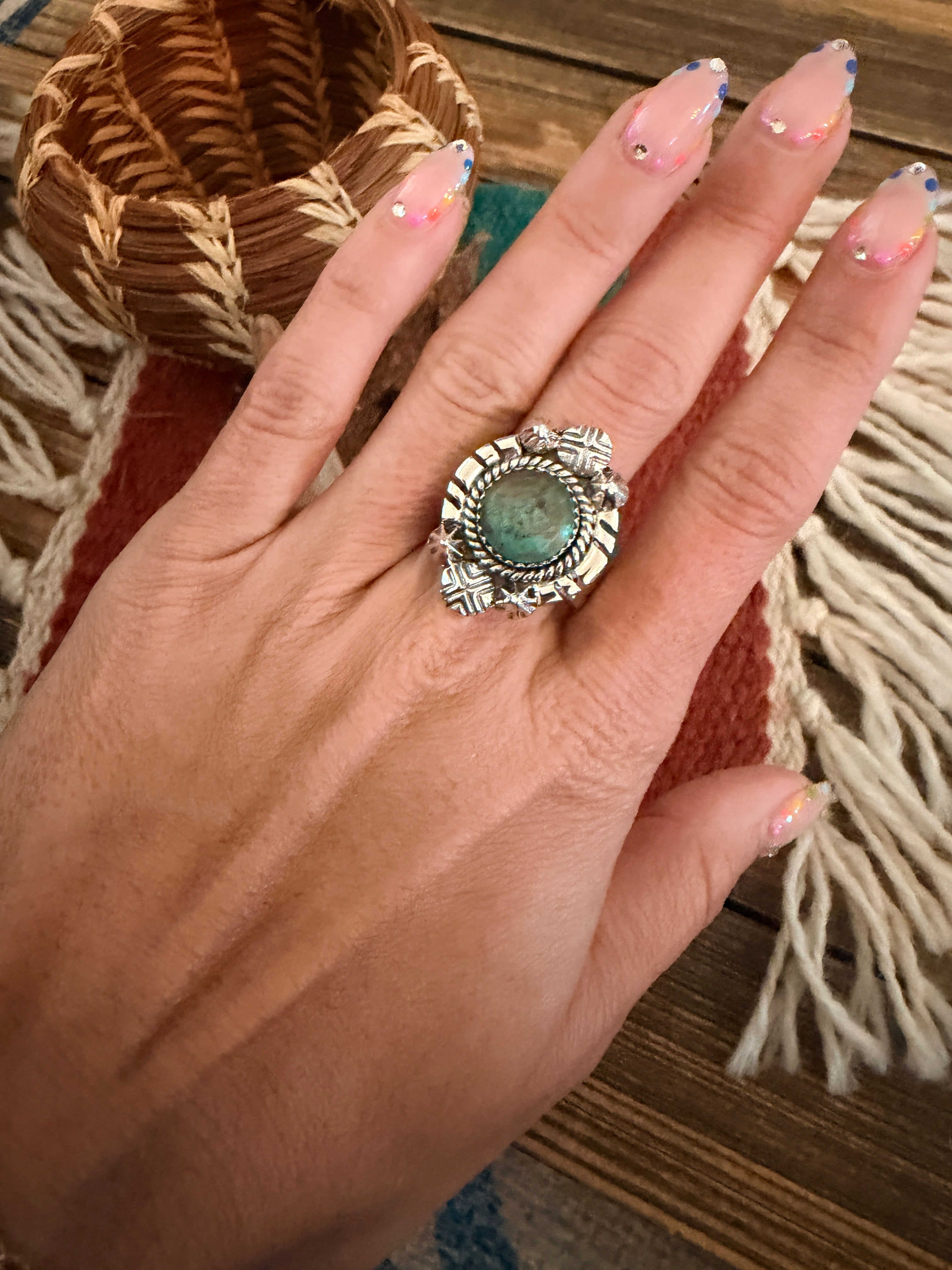 Handmade Sterling Silver Number 8 Turquoise Adjustable Ring Signed Nizhoni