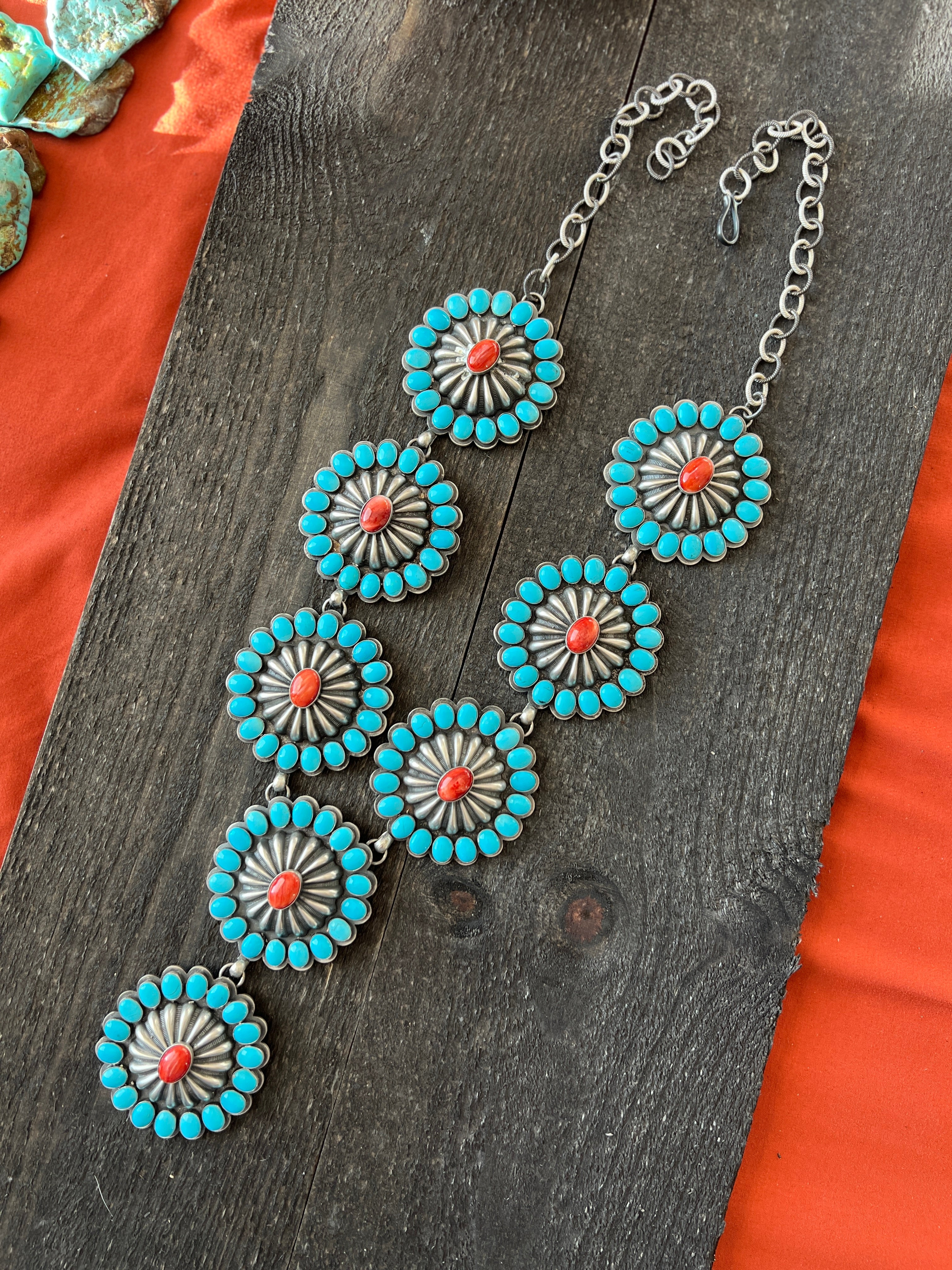 Handcrafted Amazing Spiny Oyster, Kingman Turquoise & Sterling Silver Lariat Necklace by Gilbert Platero