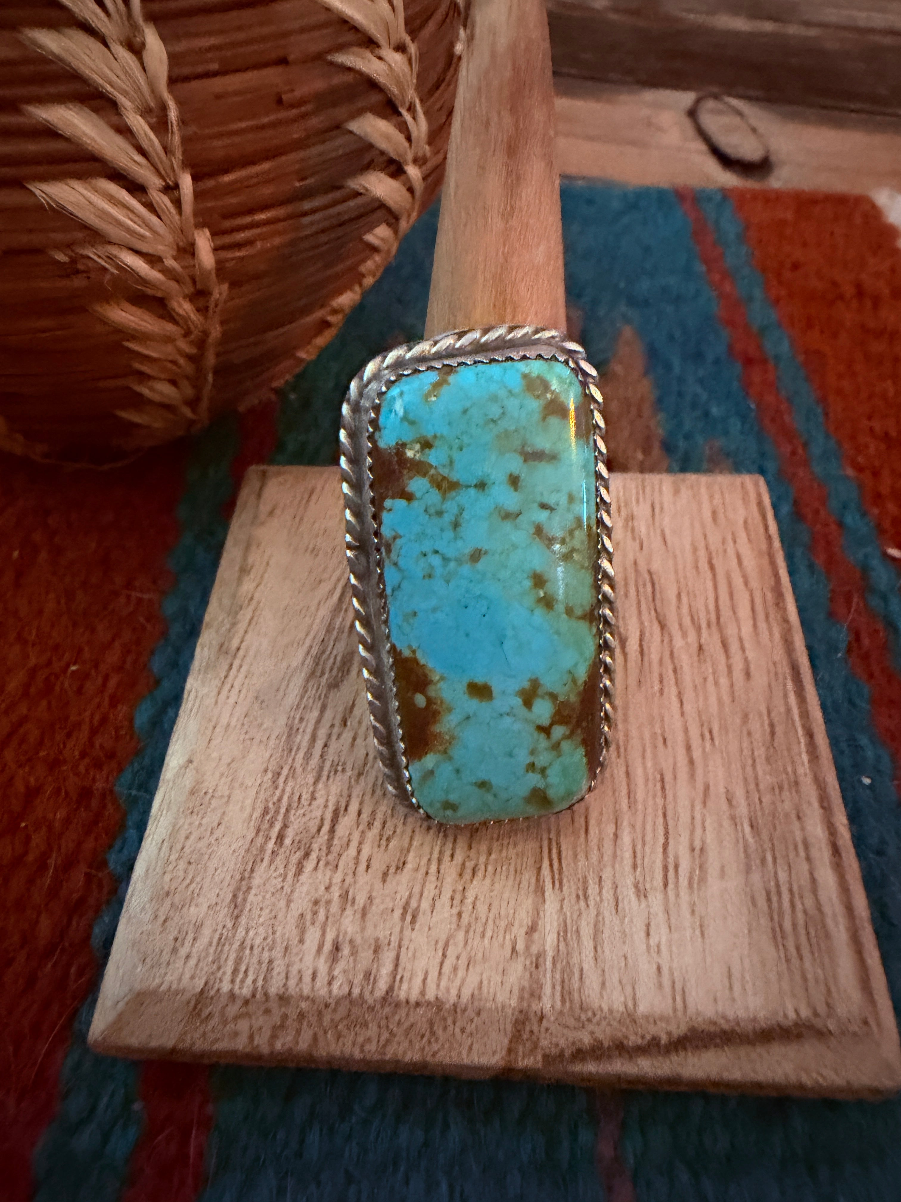 Handcrafted Royston Turquoise & Sterling Silver Ring Size 10 by Leslie Nez