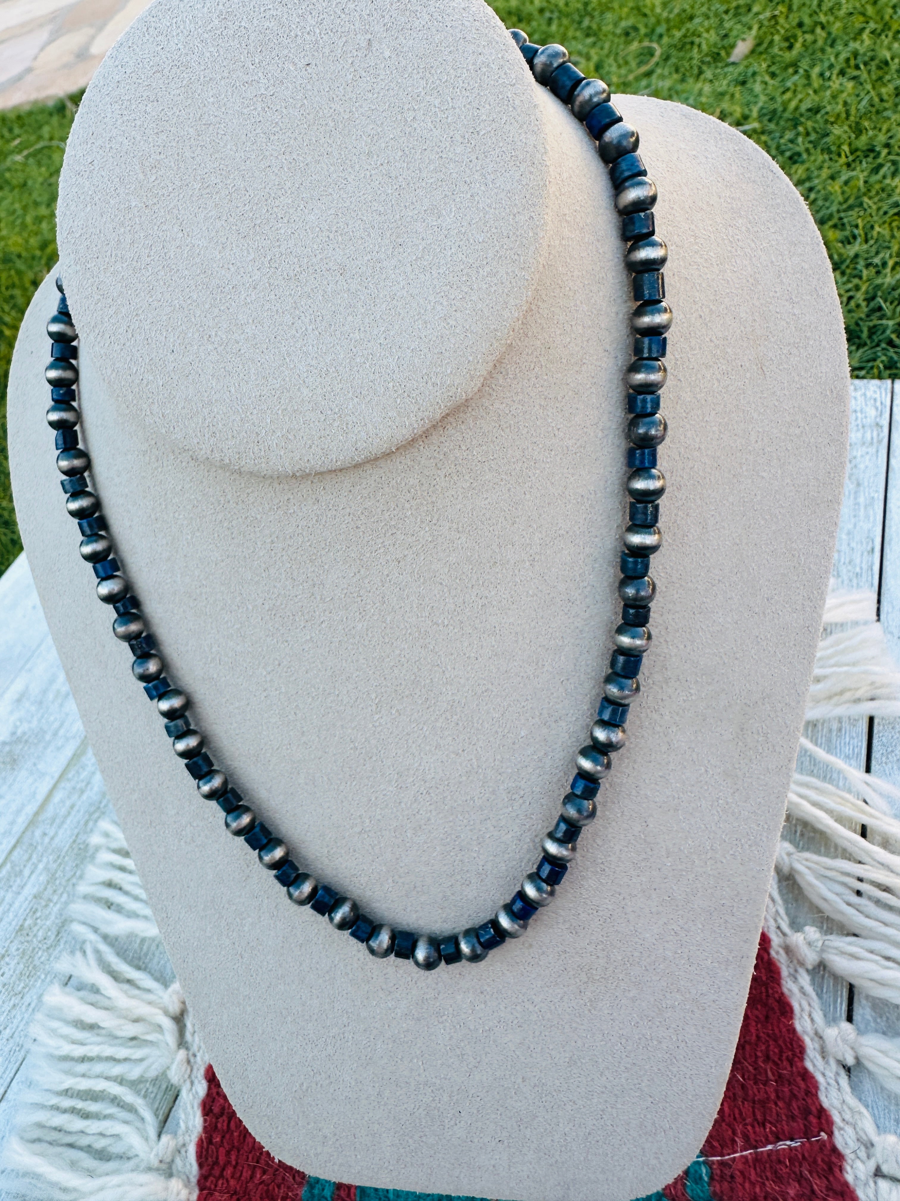 Handcrafted Sterling Silver Pearl & Lapis 18” Beaded Necklace