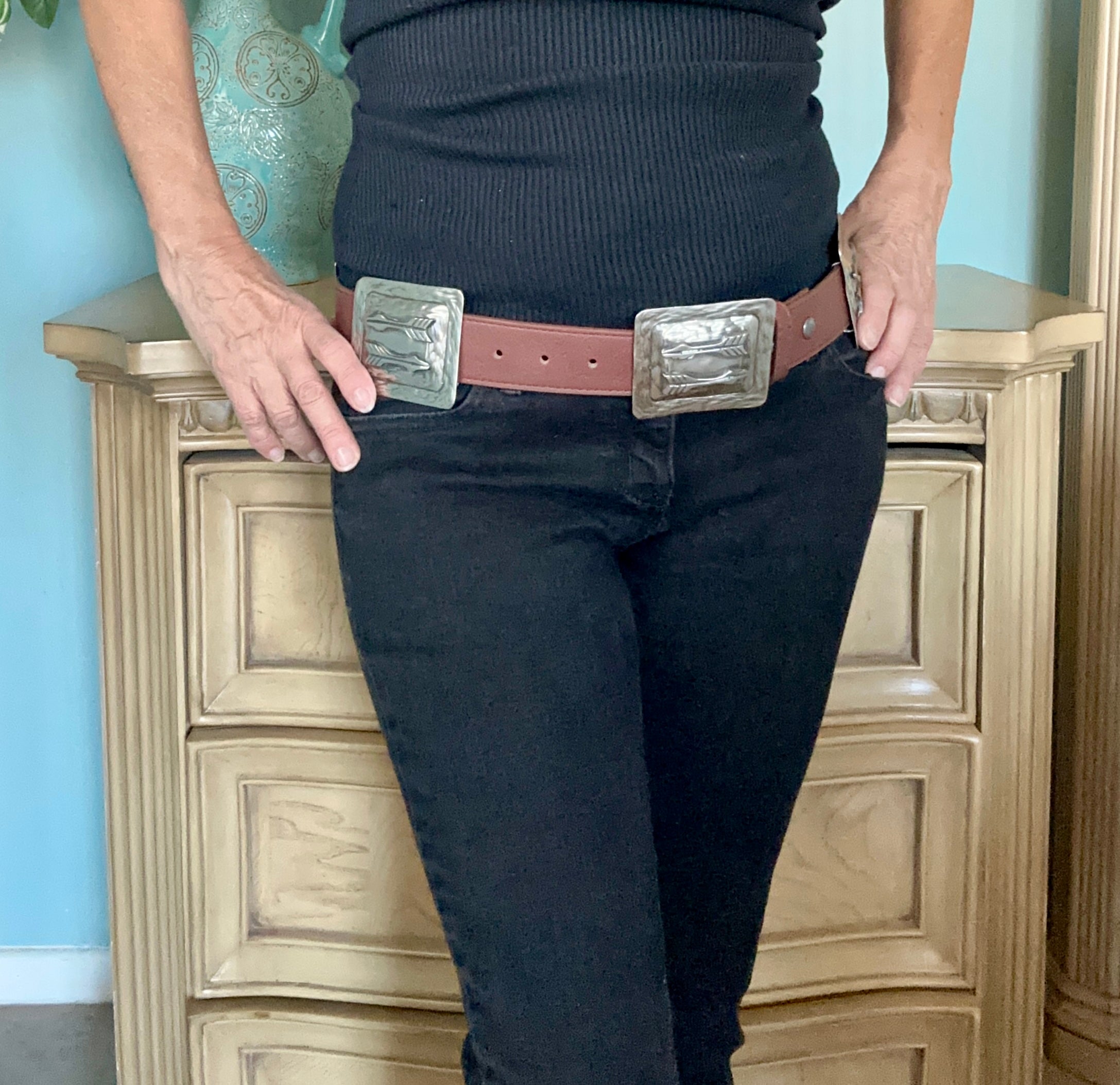 Brown Leather Belt With Silver-Plated Brass Arrow Engraved Buckles