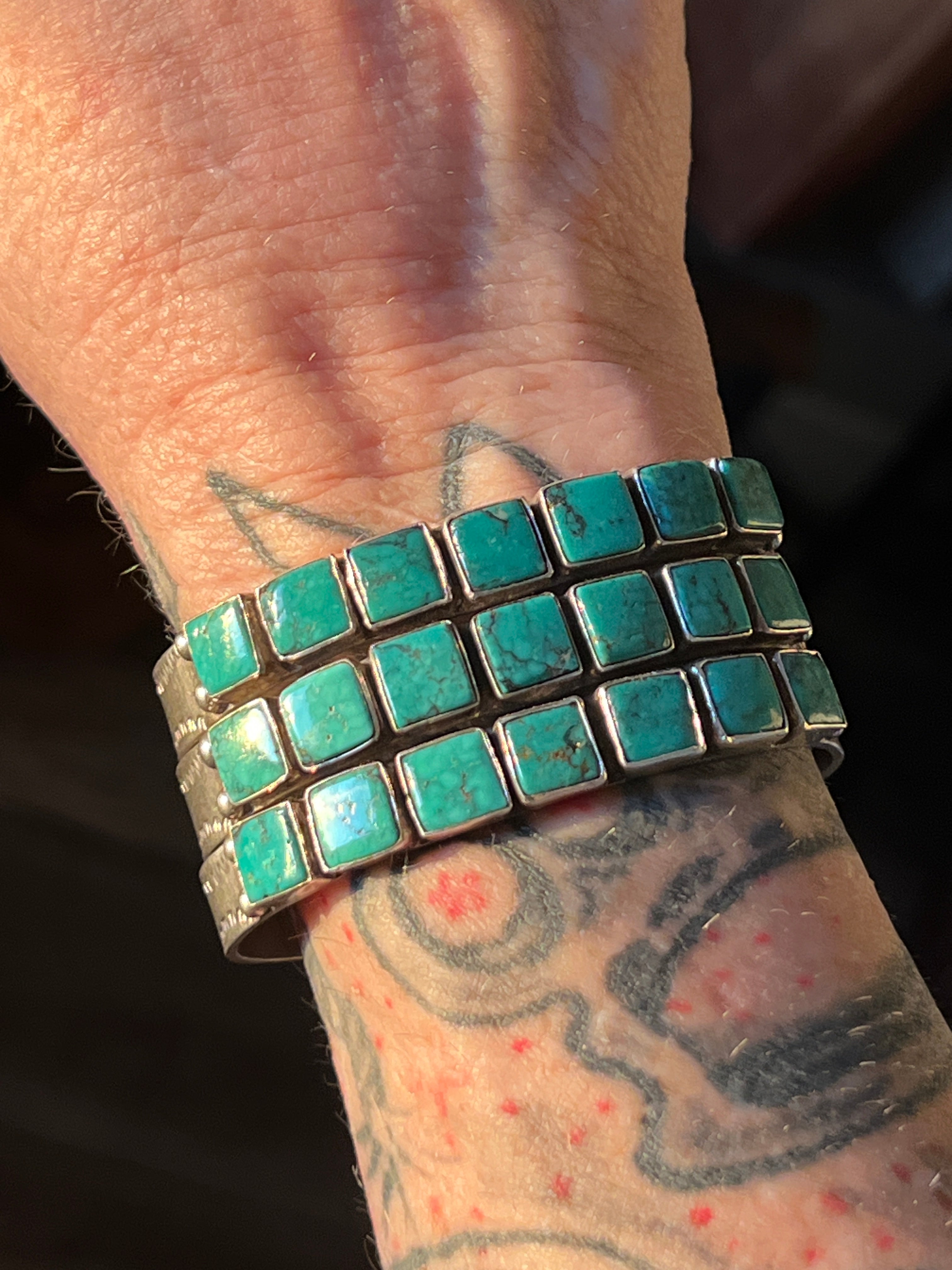 Handcrafted Vintage Sterling Silver and Turquoise Triple Row Square Stone Cuff /