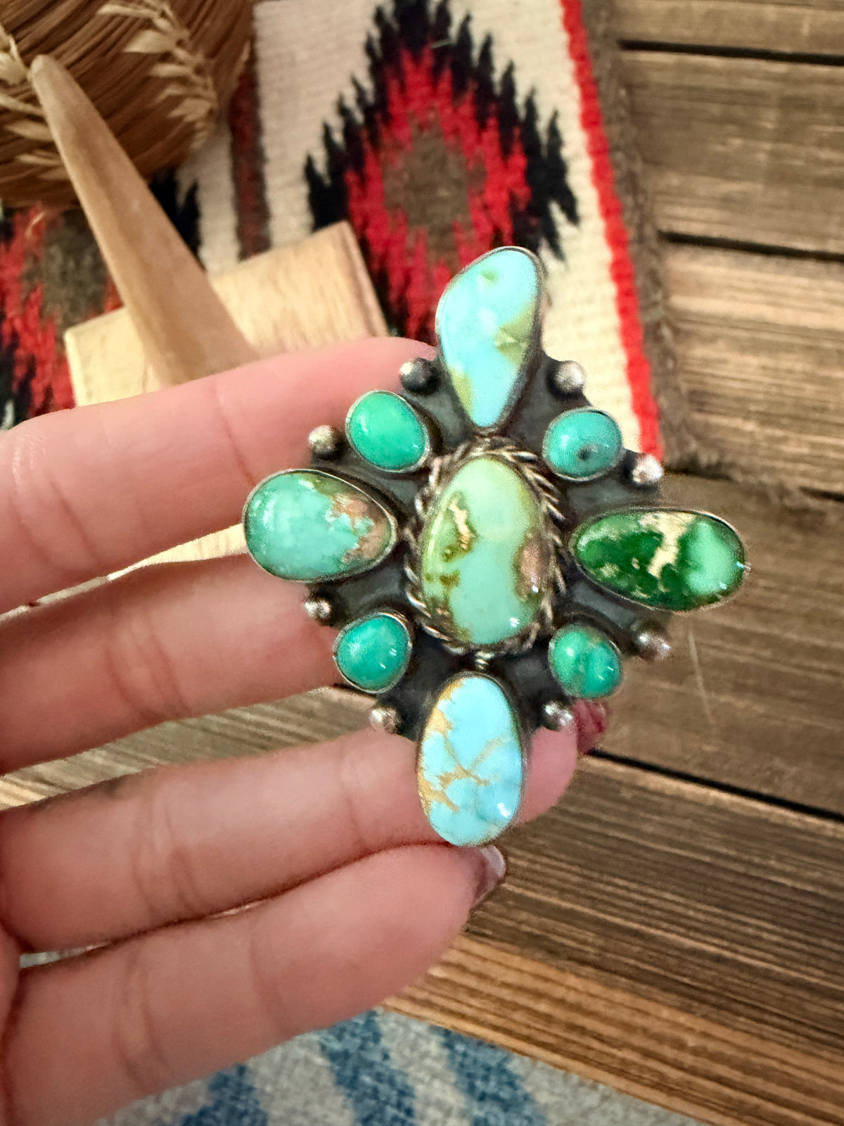Handcrafted Turquoise & Sterling Silver Cluster Adjustable Ring
