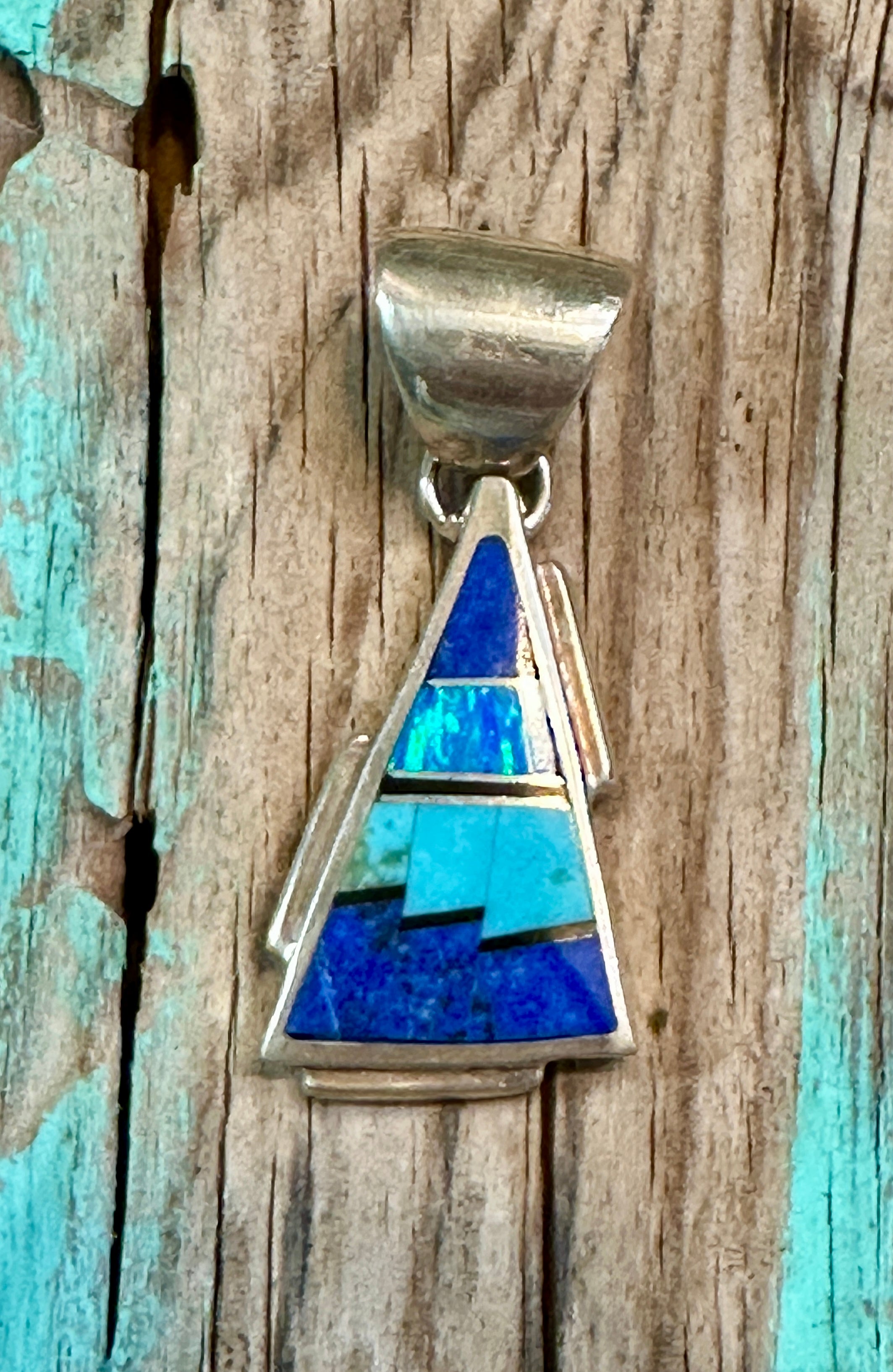 Handcrafted Lapis, Turquoise, Blue Opal Triangle Pendant 1.5”