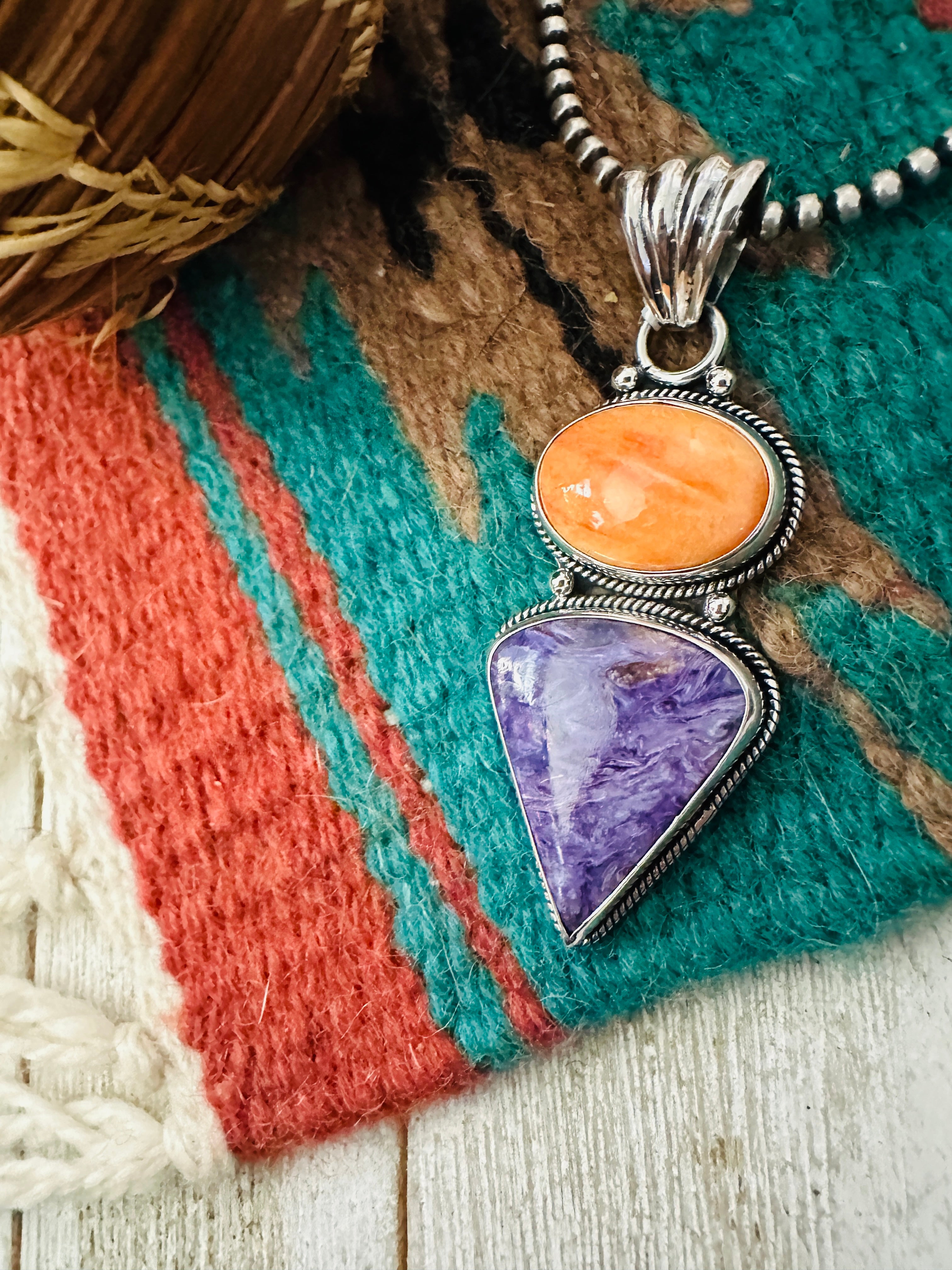 Handcrafted Sterling Silver, Spiny & Charoite Pendant