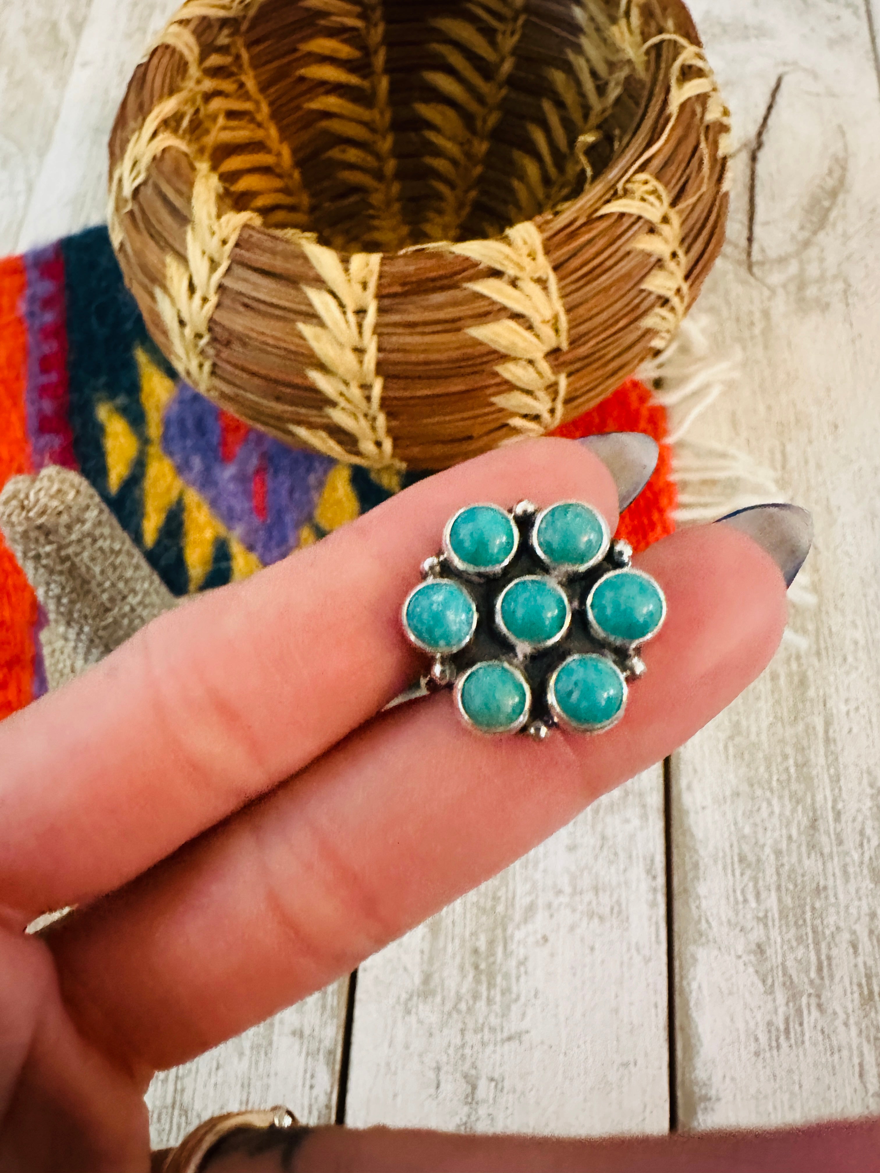 Handcrafted Turquoise & Sterling Silver Cluster Ring Size 6.5