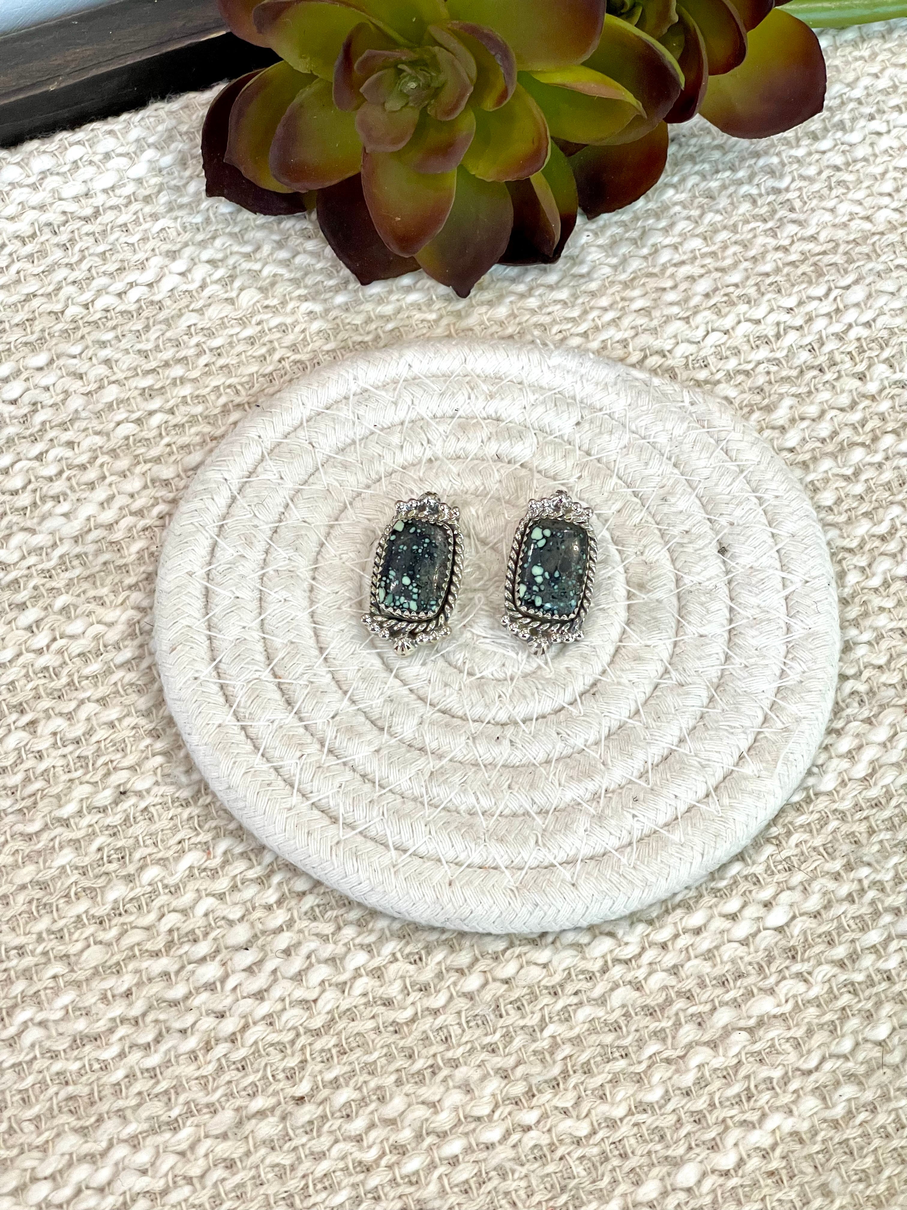 Handmade New Lander Turquoise and Sterling Silver Post Earring