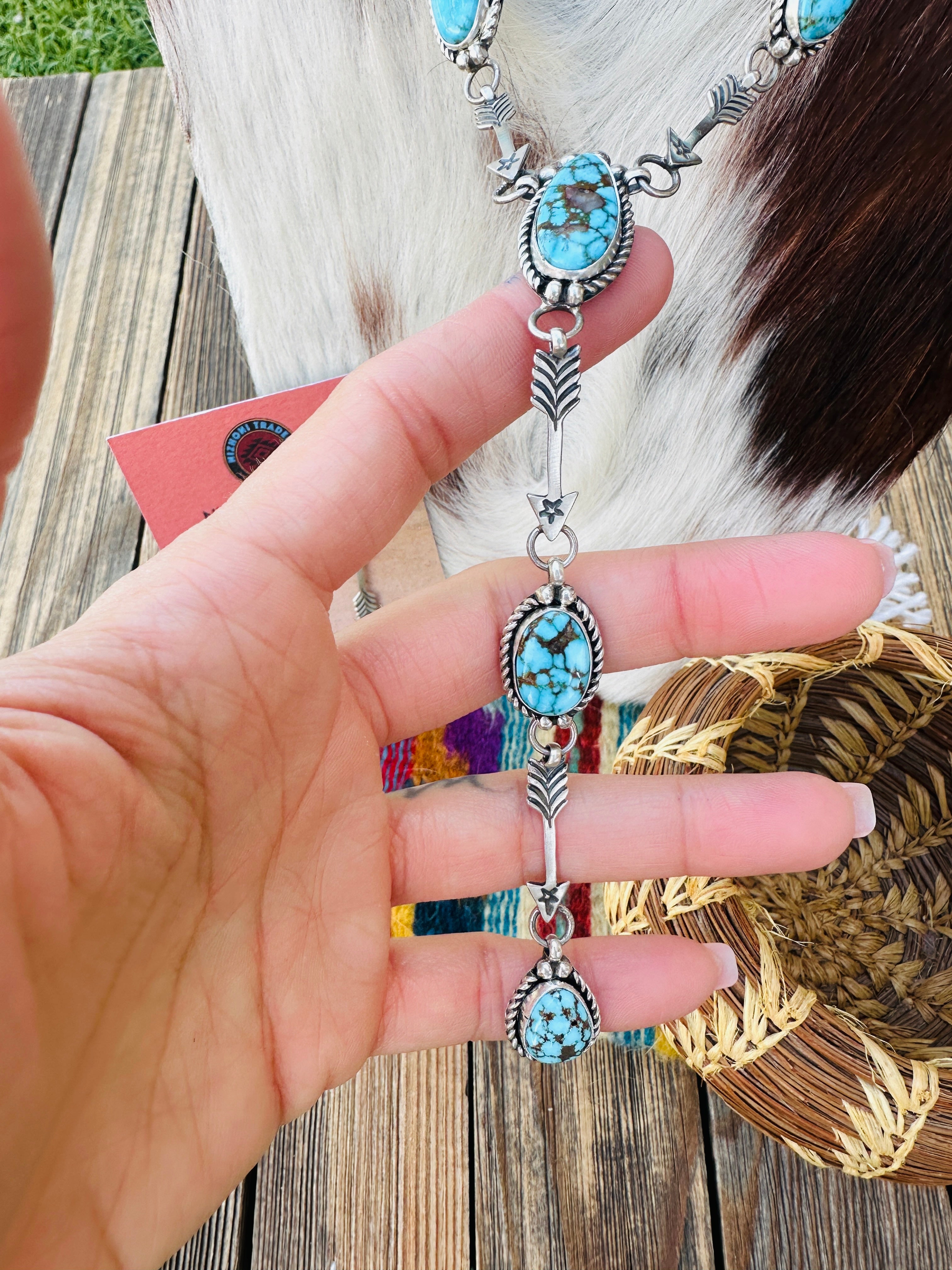 Handcrafted Turquoise & Sterling Silver Arrow Necklace and Earring Set by Fred Francis