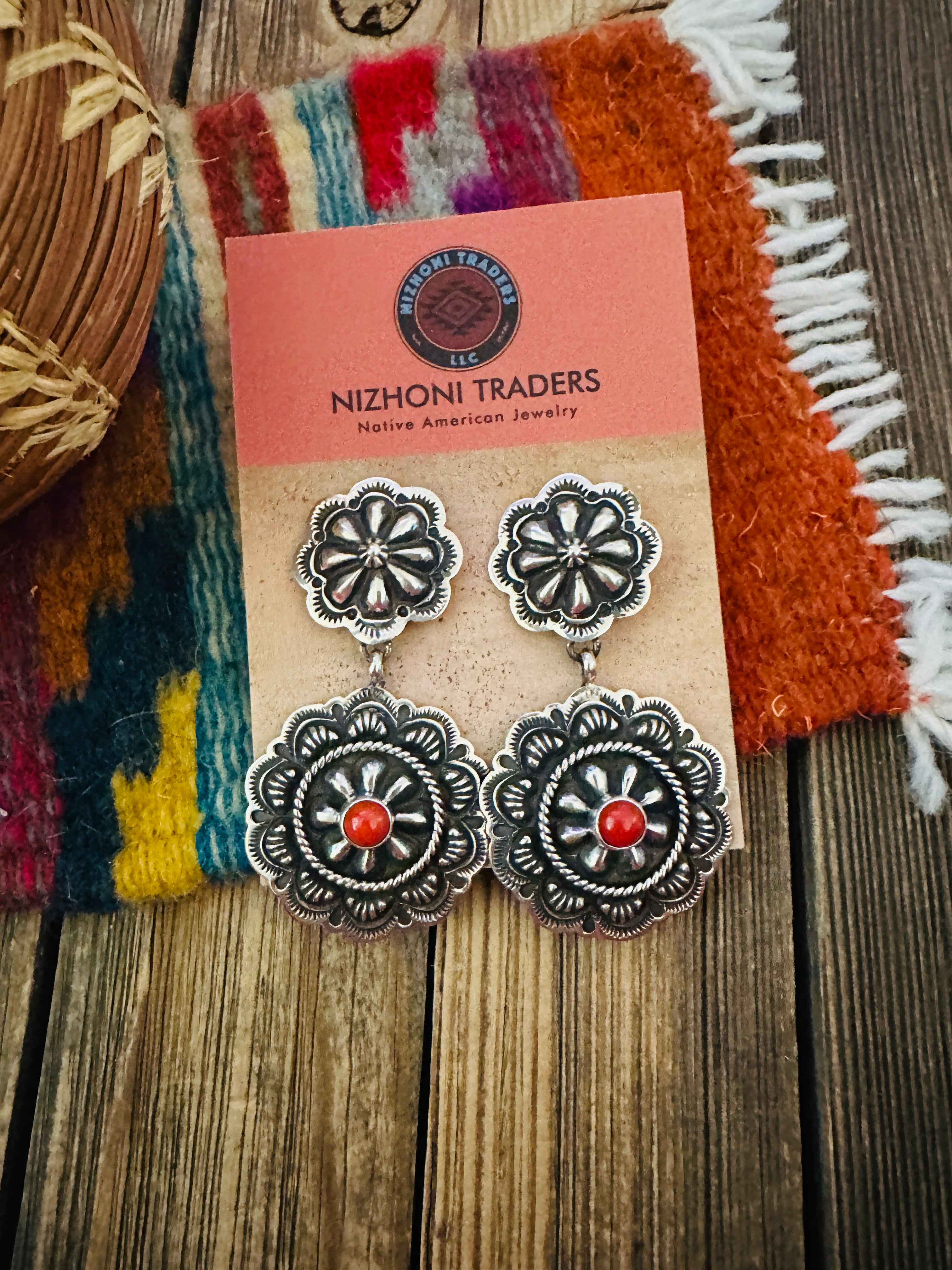 Handcrafted Coral & Sterling Silver Concho Dangle Earrings