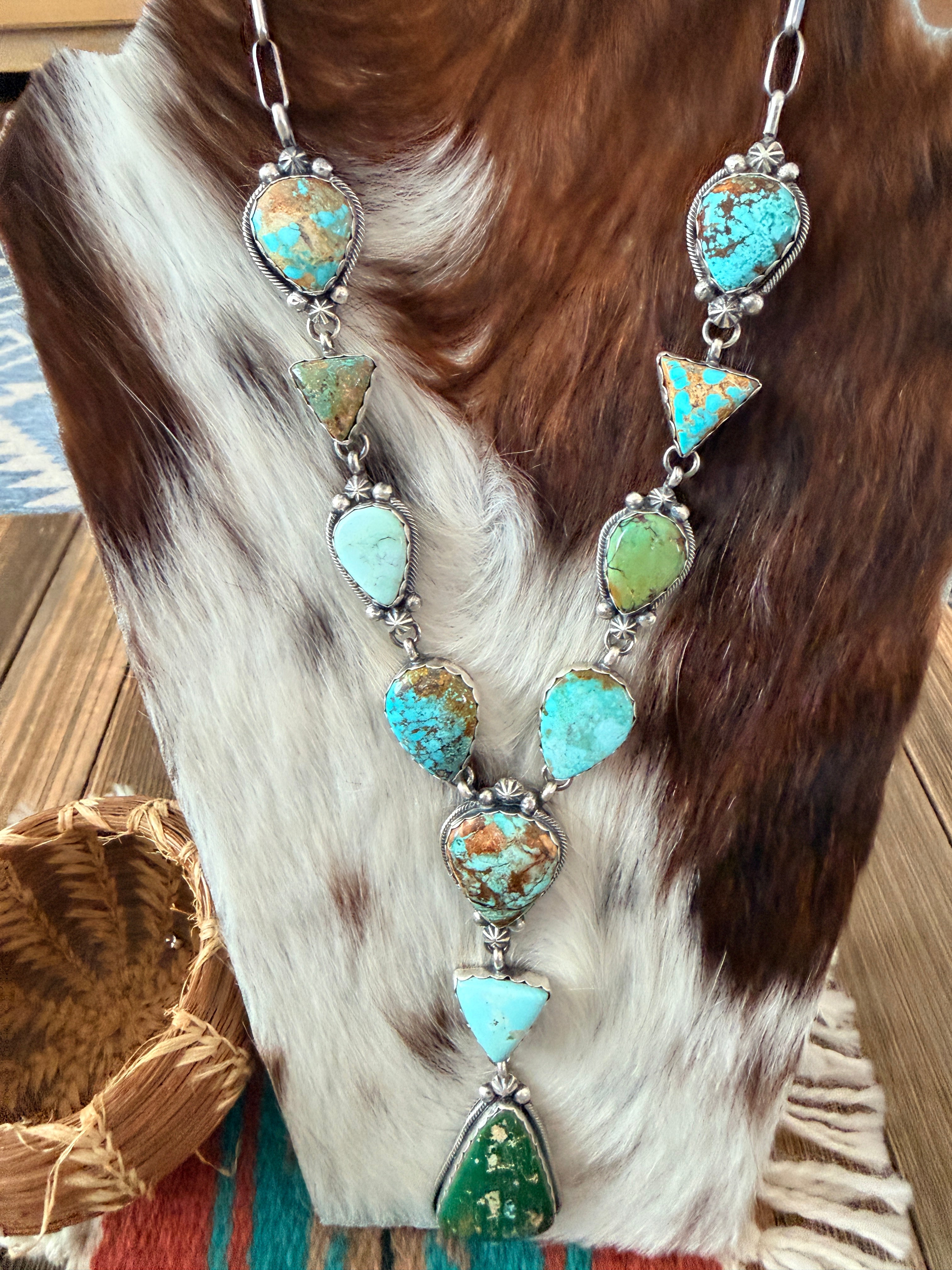 Handcrafted Multi Turquoise & Sterling Silver Lariat Necklace by Bobby Johnson