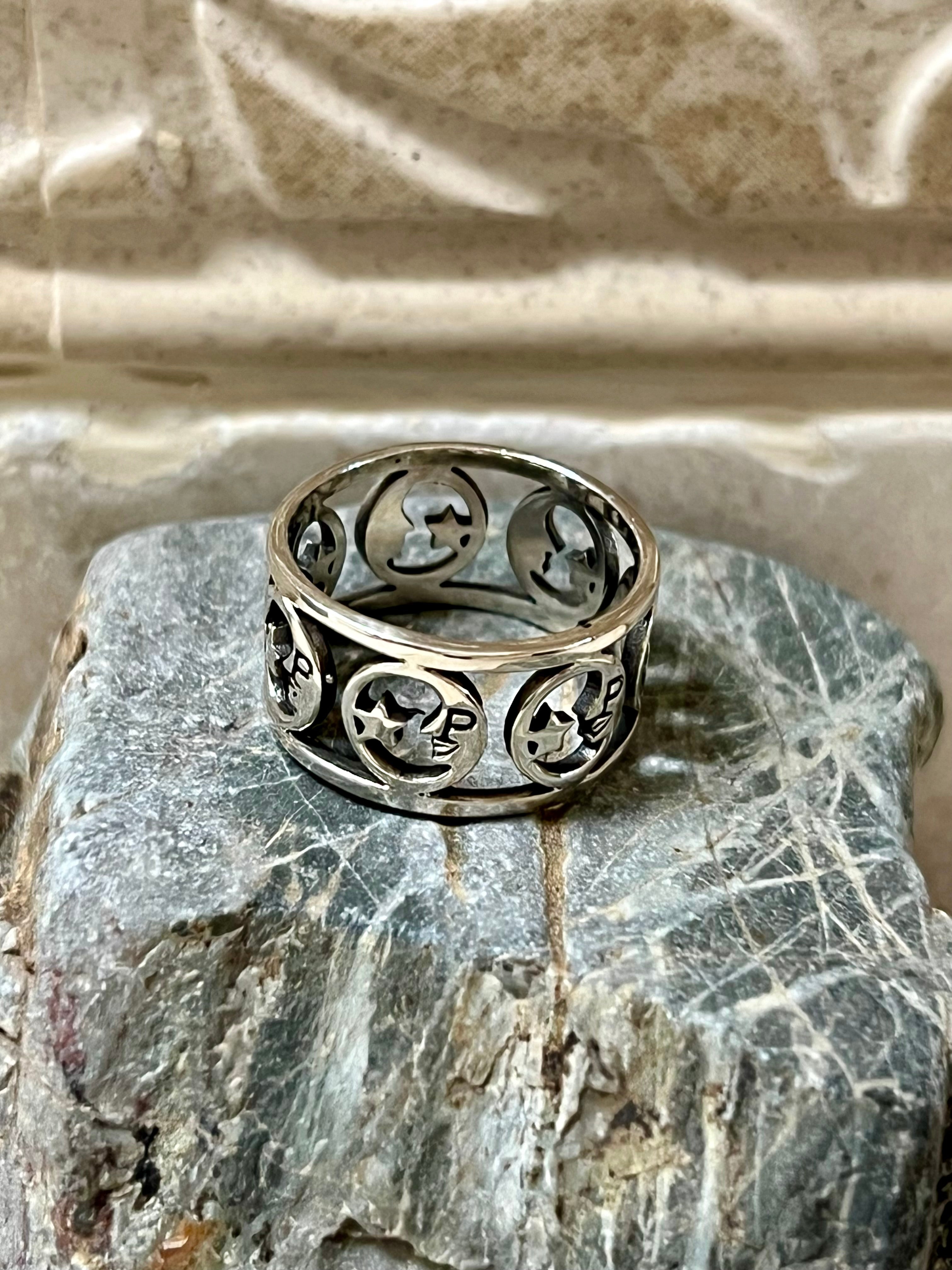 Moon & Star Sterling Silver Band Ring