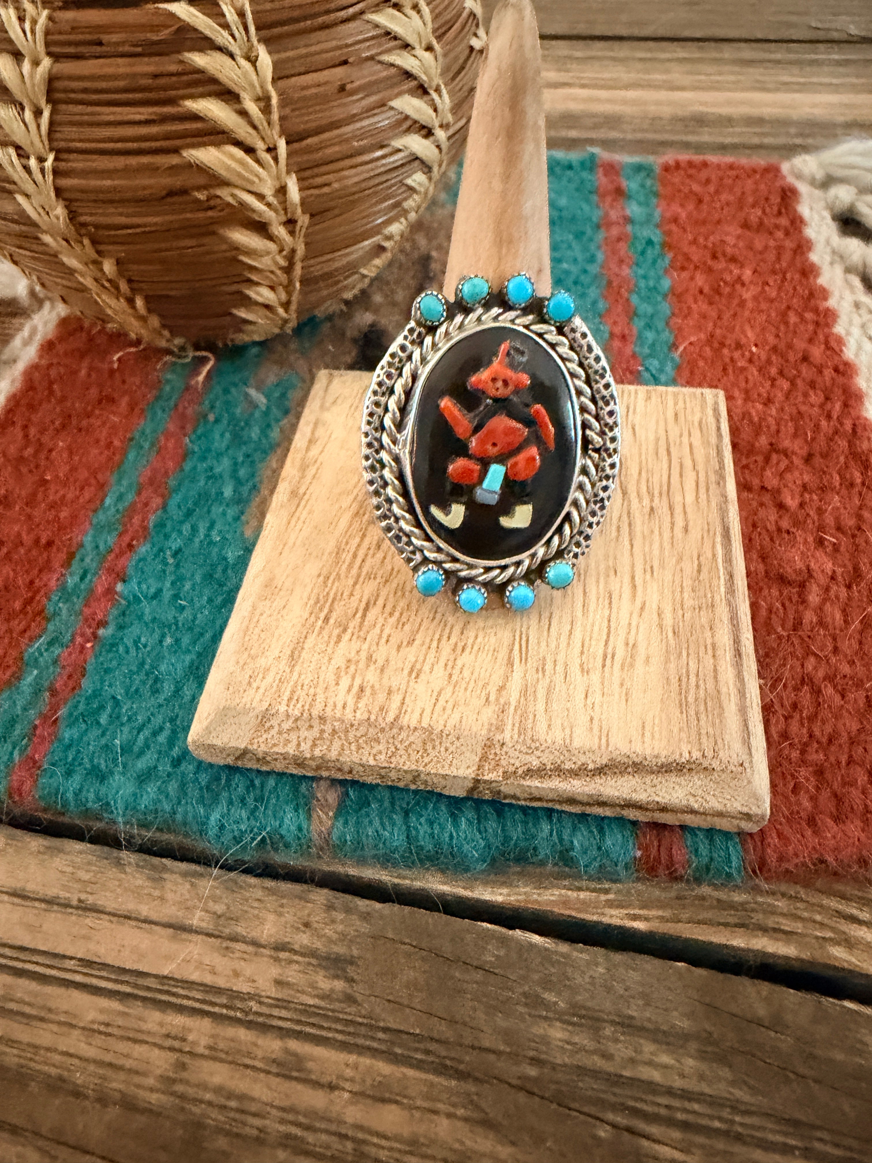 Old Pawn Handcrafted Multi Stone & Sterling Silver Inlay Kachina Ring Size 8.75