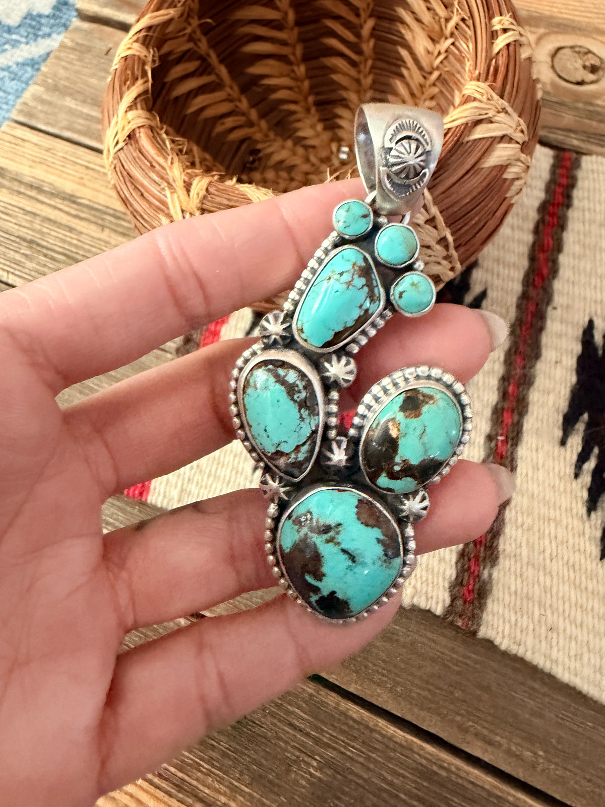 Handcrafted Sterling Silver & Number 8 Turquoise Cactus Pendant by Larry Kaye