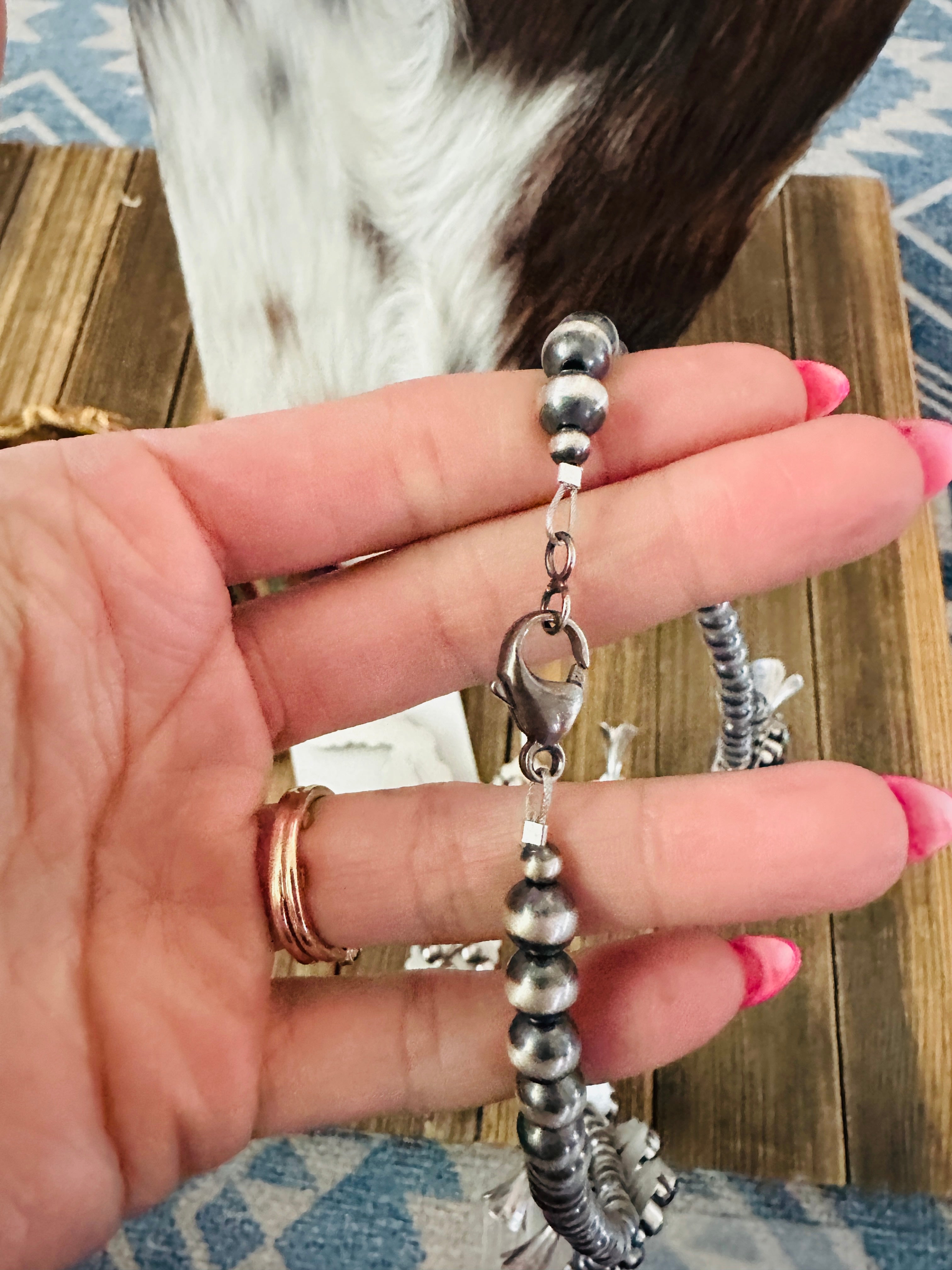 Handcrafted Sterling Silver, Turquoise & Spiny Oyster Squash Blossom Necklace Set by Louise Jim