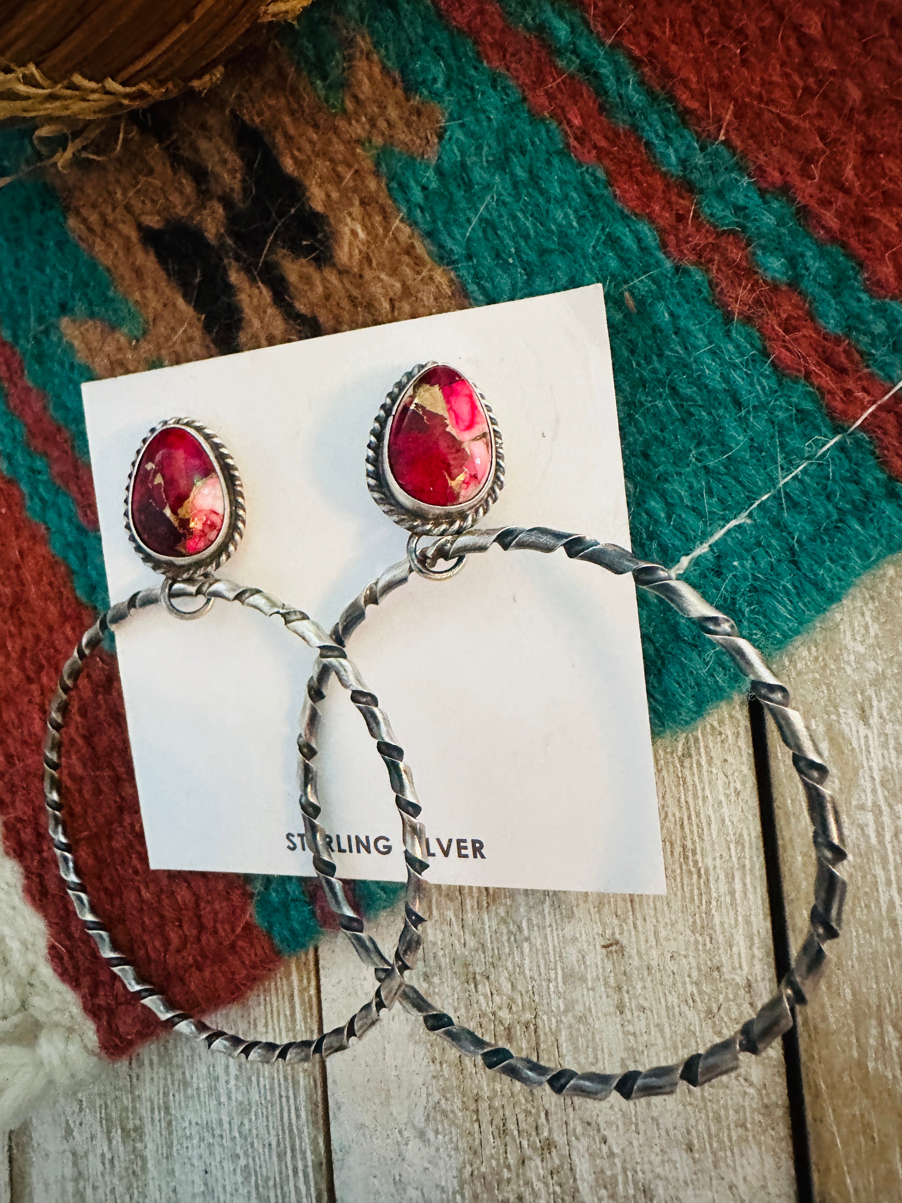 Navajo Rose Dahlia and Sterling Silver Dangle Hoop Earrings