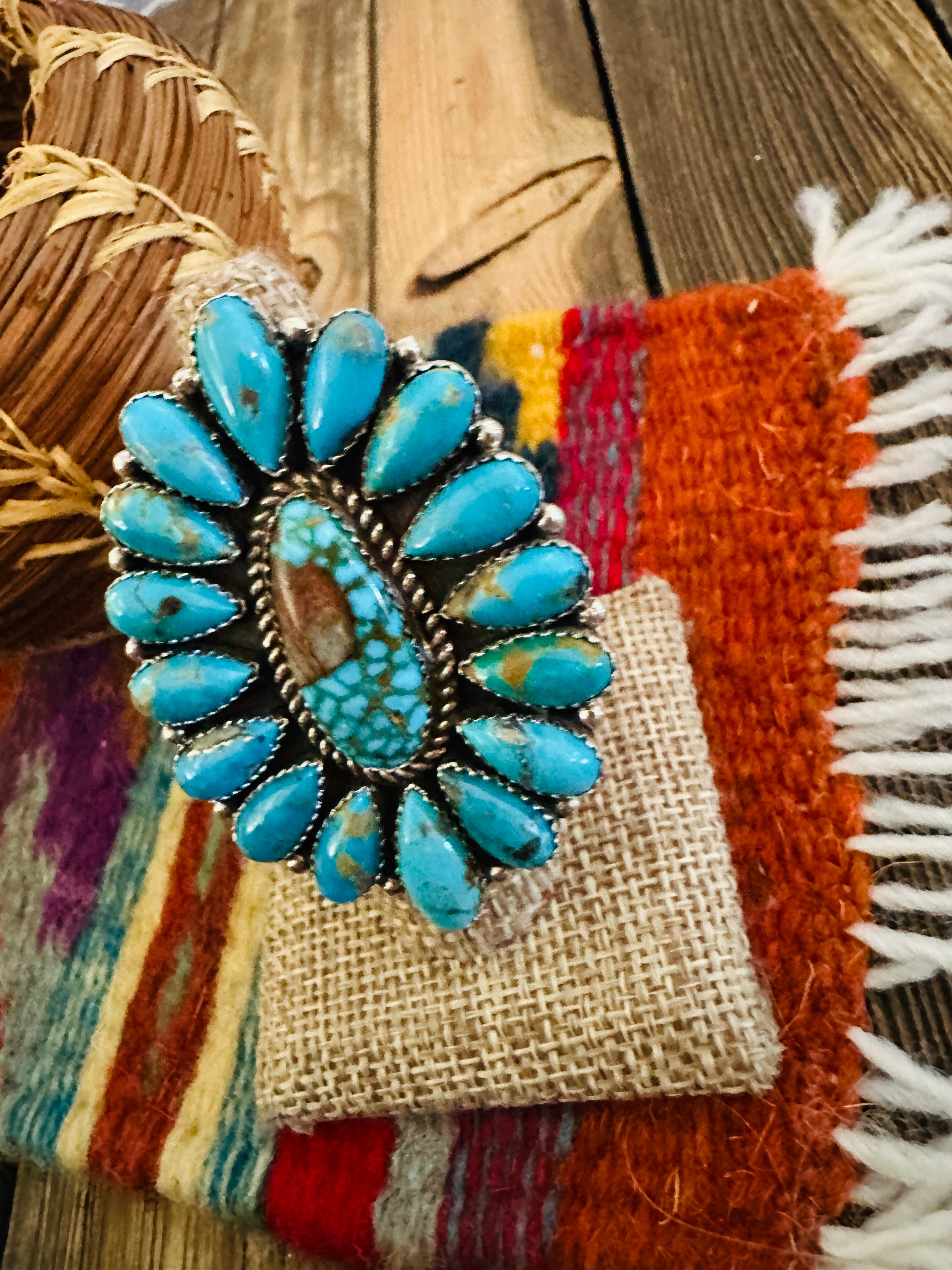 Handcrafted Turquoise & Sterling Silver Adjustable Cluster Ring