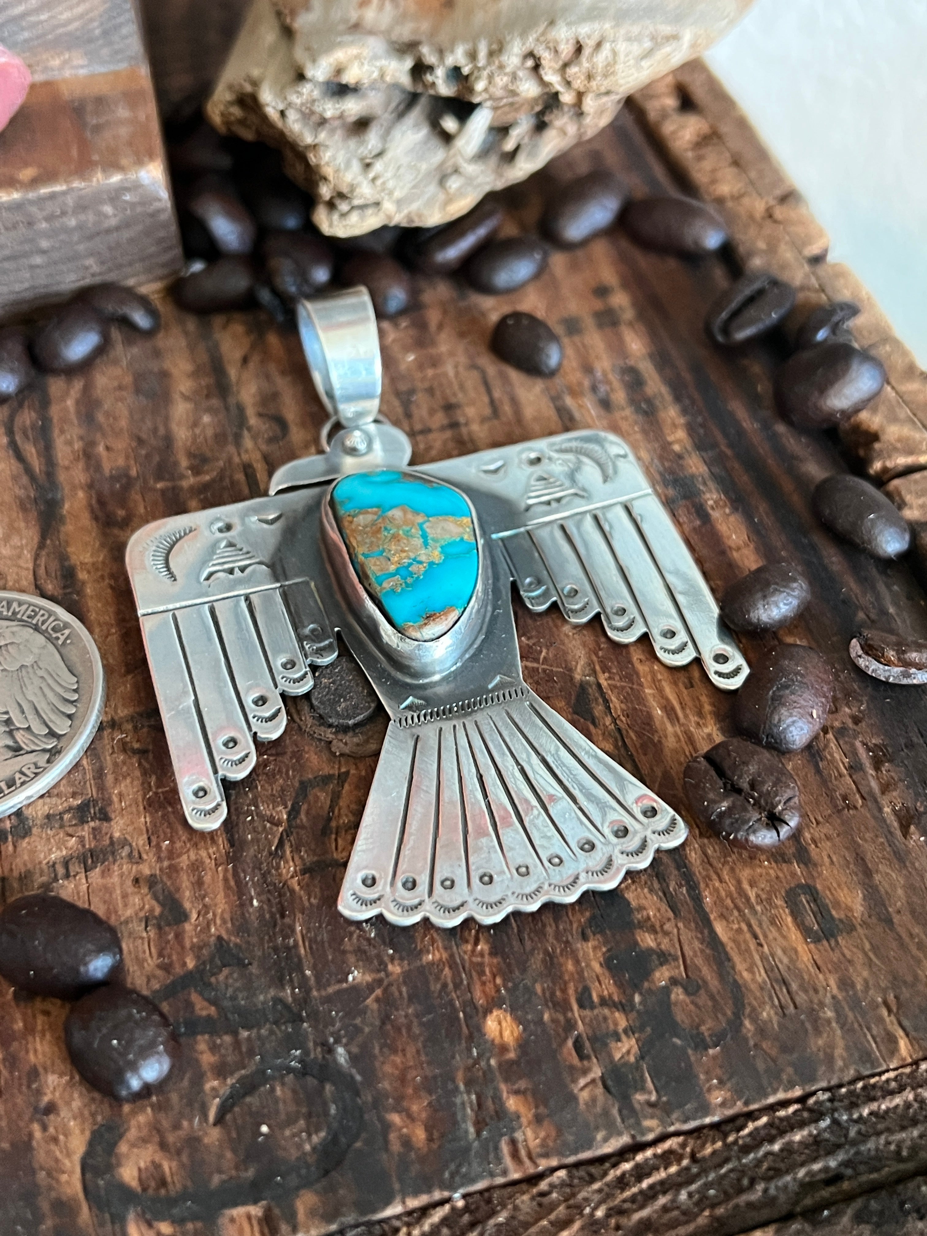 Hand Stamped Sterling Silver & Royston Turquoise Thunderbird Pendant by Kimari Somers