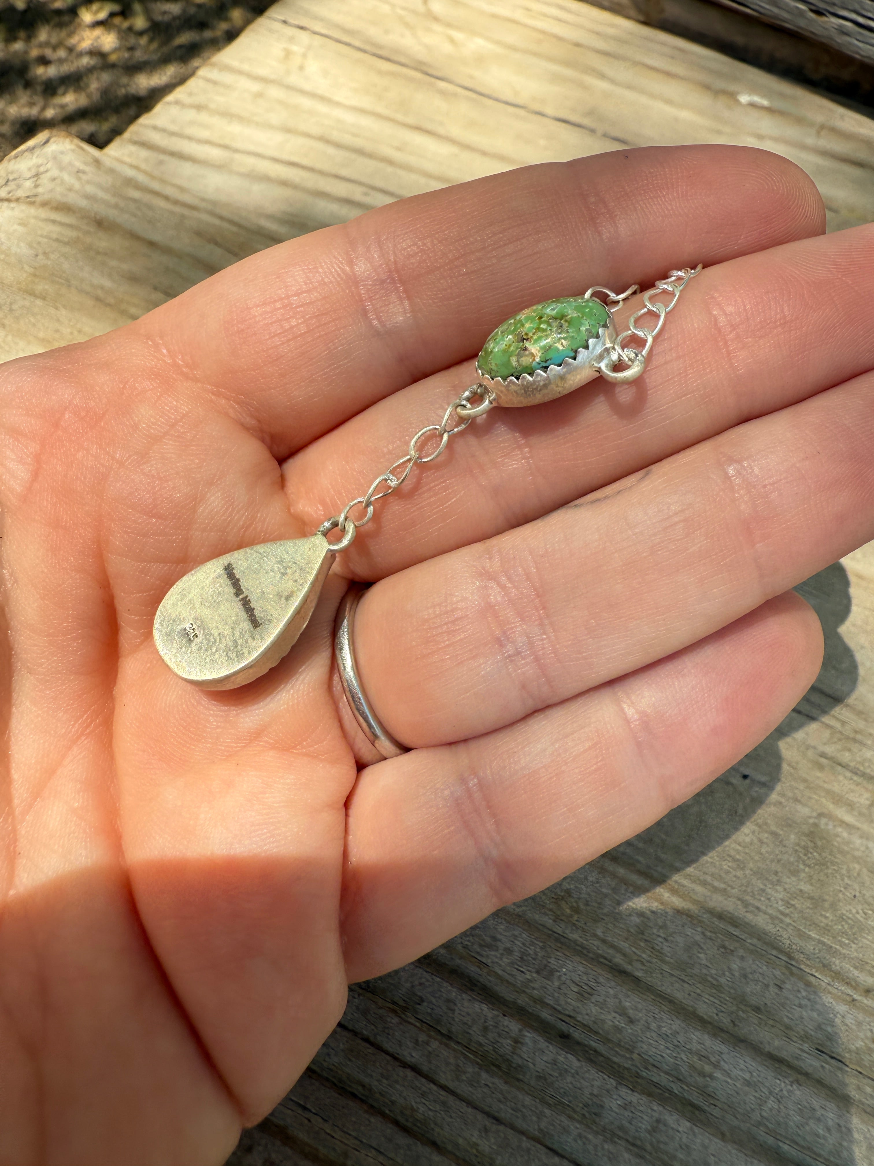 Beautiful Handmade Sterling Silver & Sonoran Turquoise 2 Stone Drop Necklace