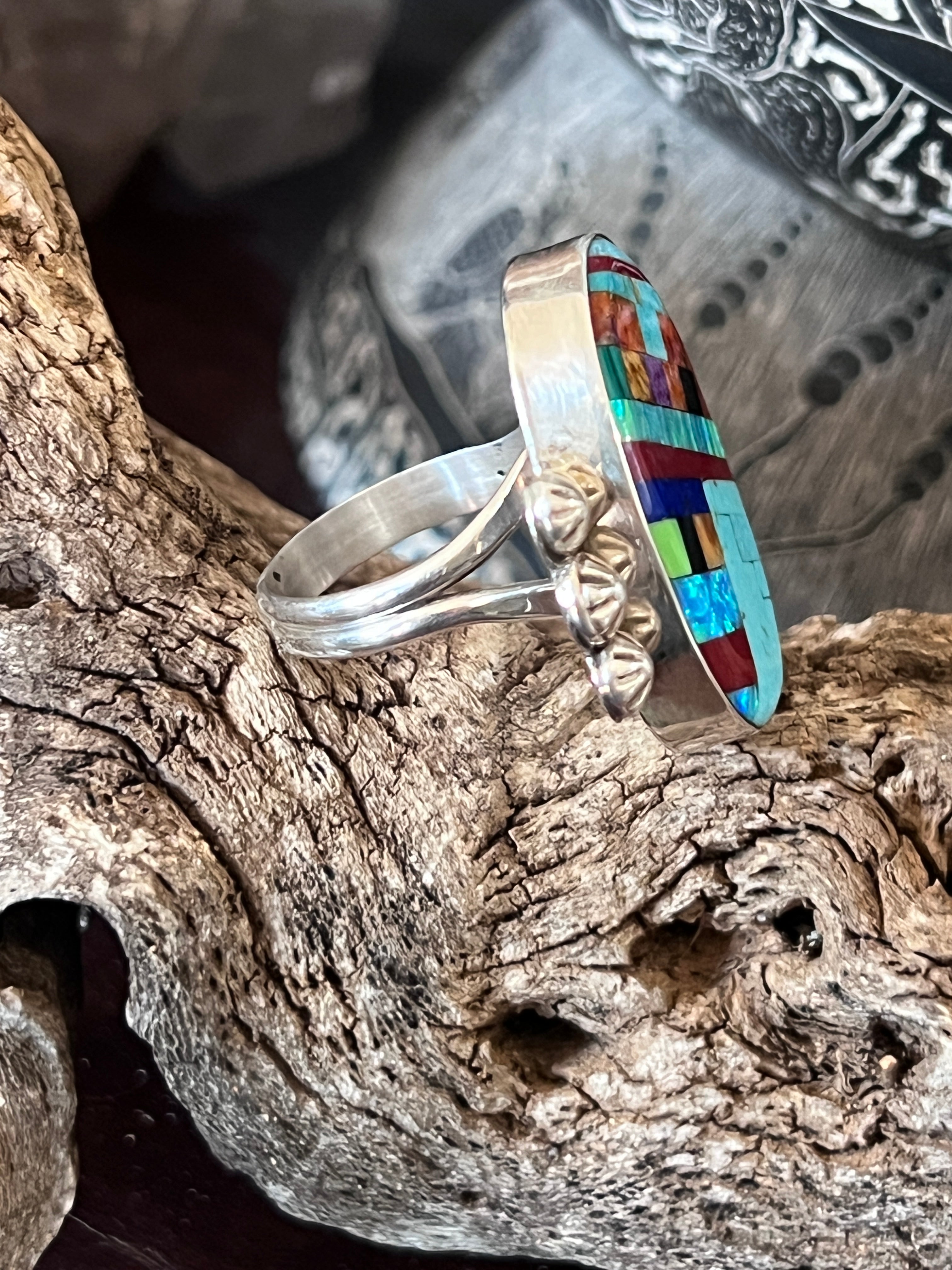 Ronald Chavez Sterling Silver Oval Mosaic Multistone Ring, Size 9-1/2