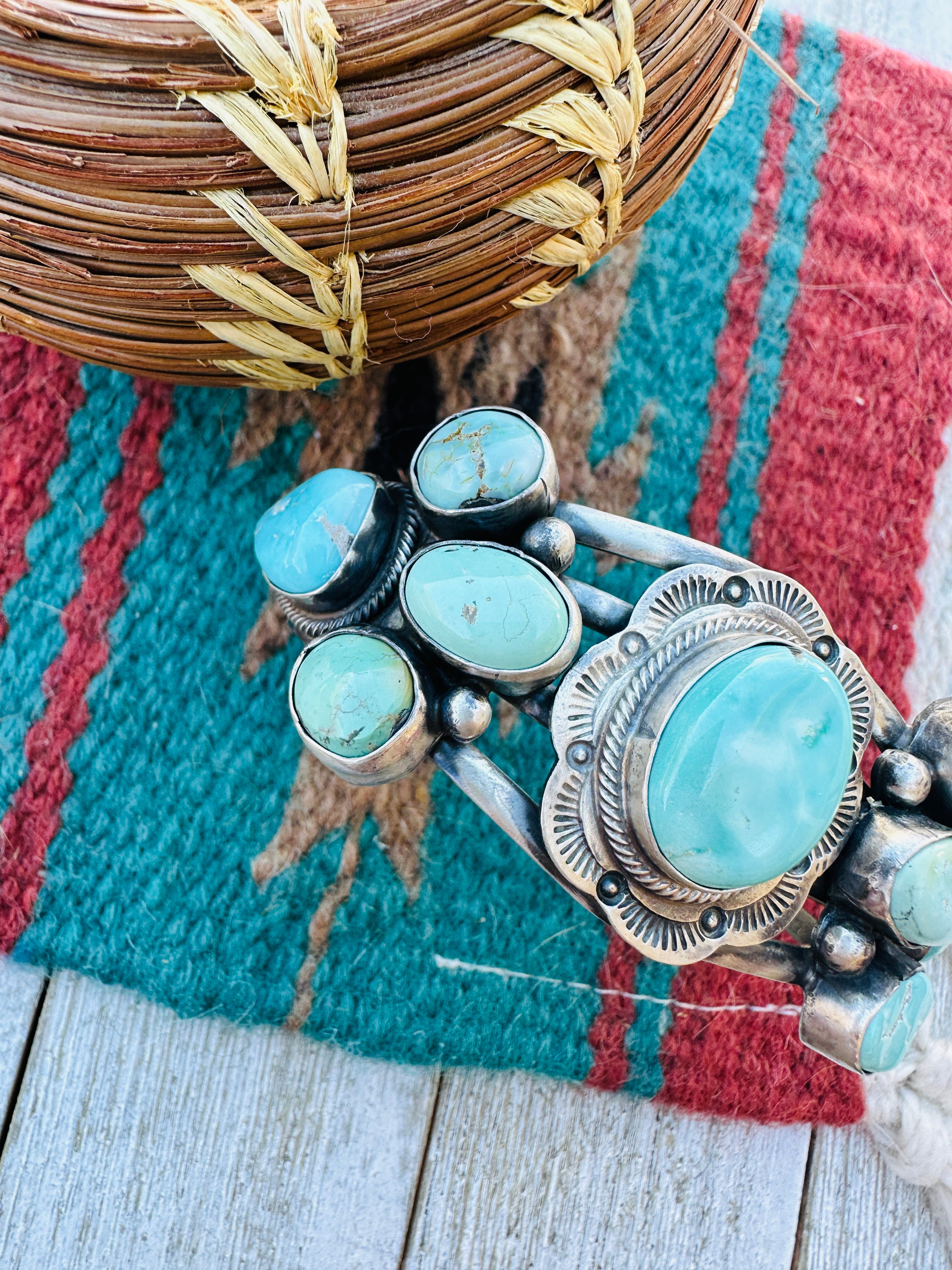 Handcrafted Sterling Silver & Carico Lake Turquoise Cluster Cuff Bracelet by Bobby Johnson