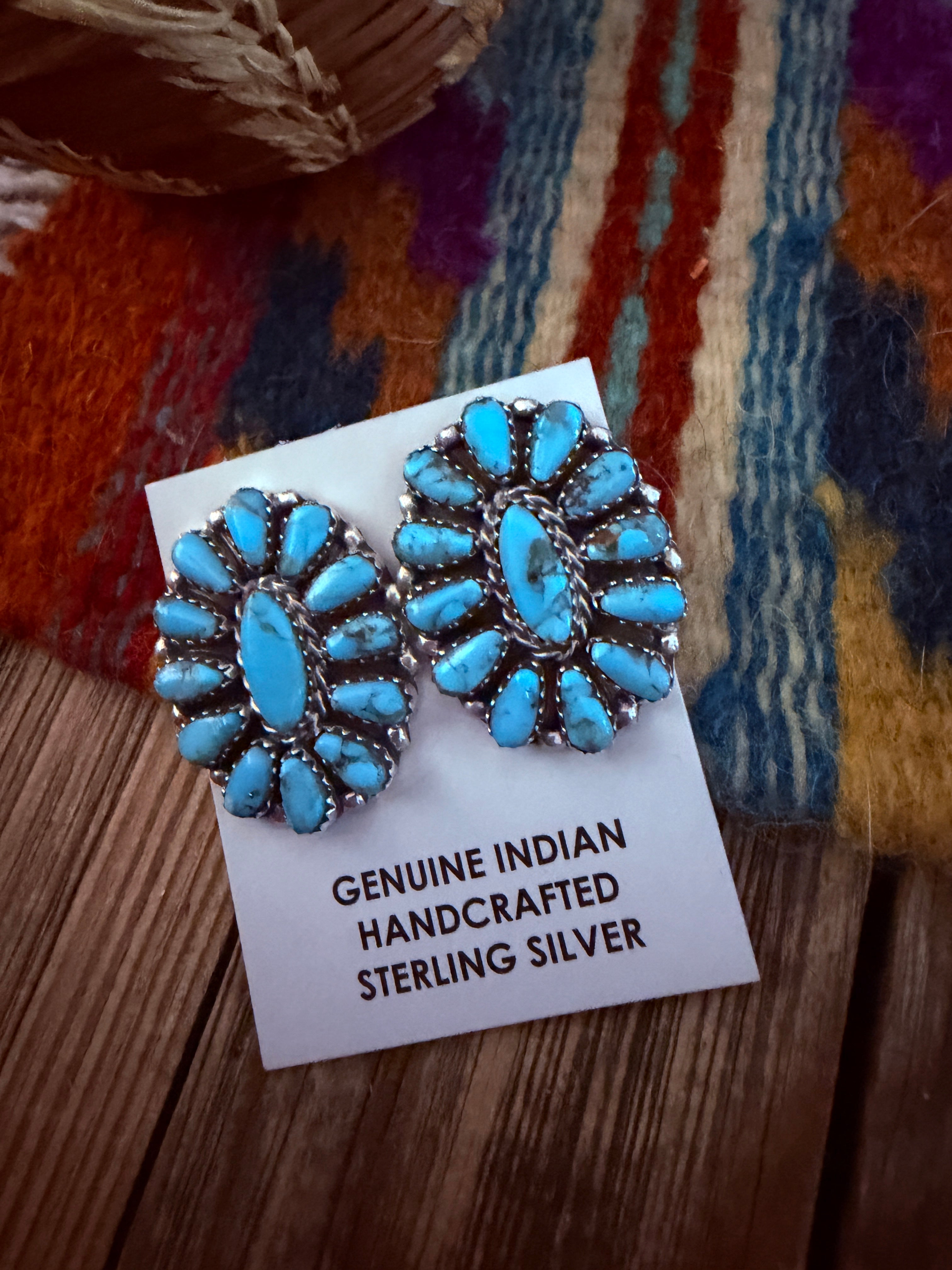 Handcrafted Turquoise & Sterling Silver Cluster Post Earrings by Leander Nez