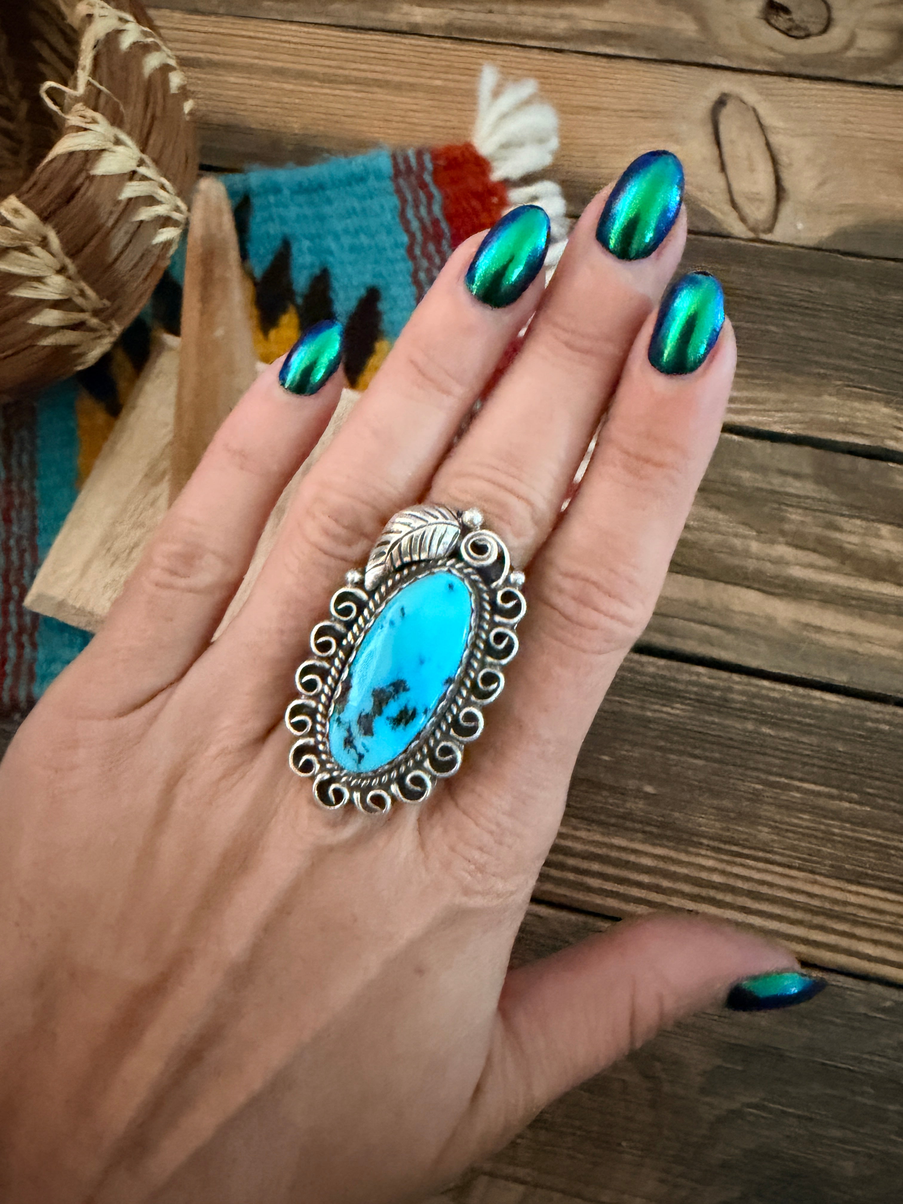 Old Pawn Handcrafted Turquoise & Sterling Silver Ring Size 10.75