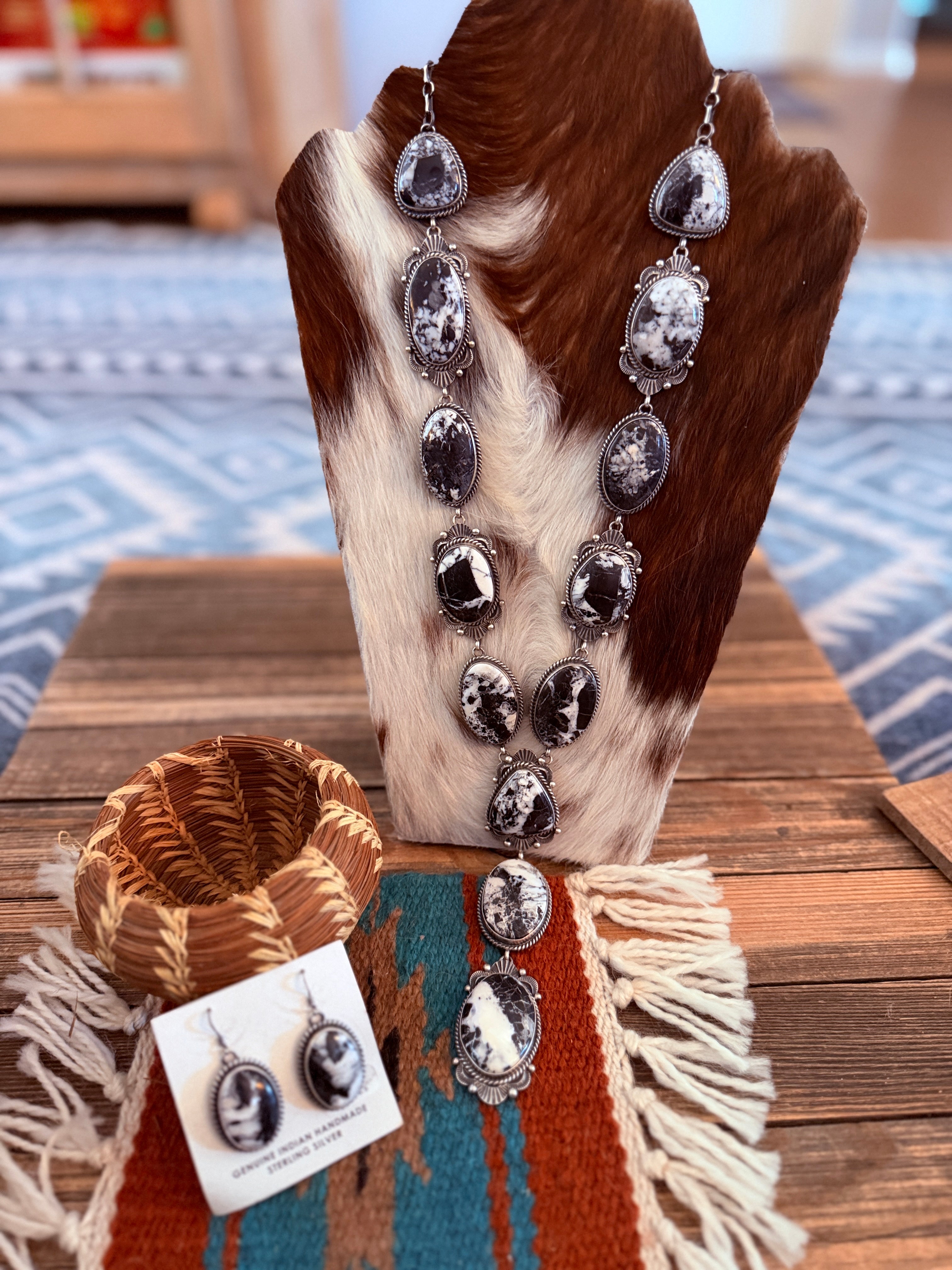 Handcrafted White Buffalo & Sterling Silver Necklace and Earring Set