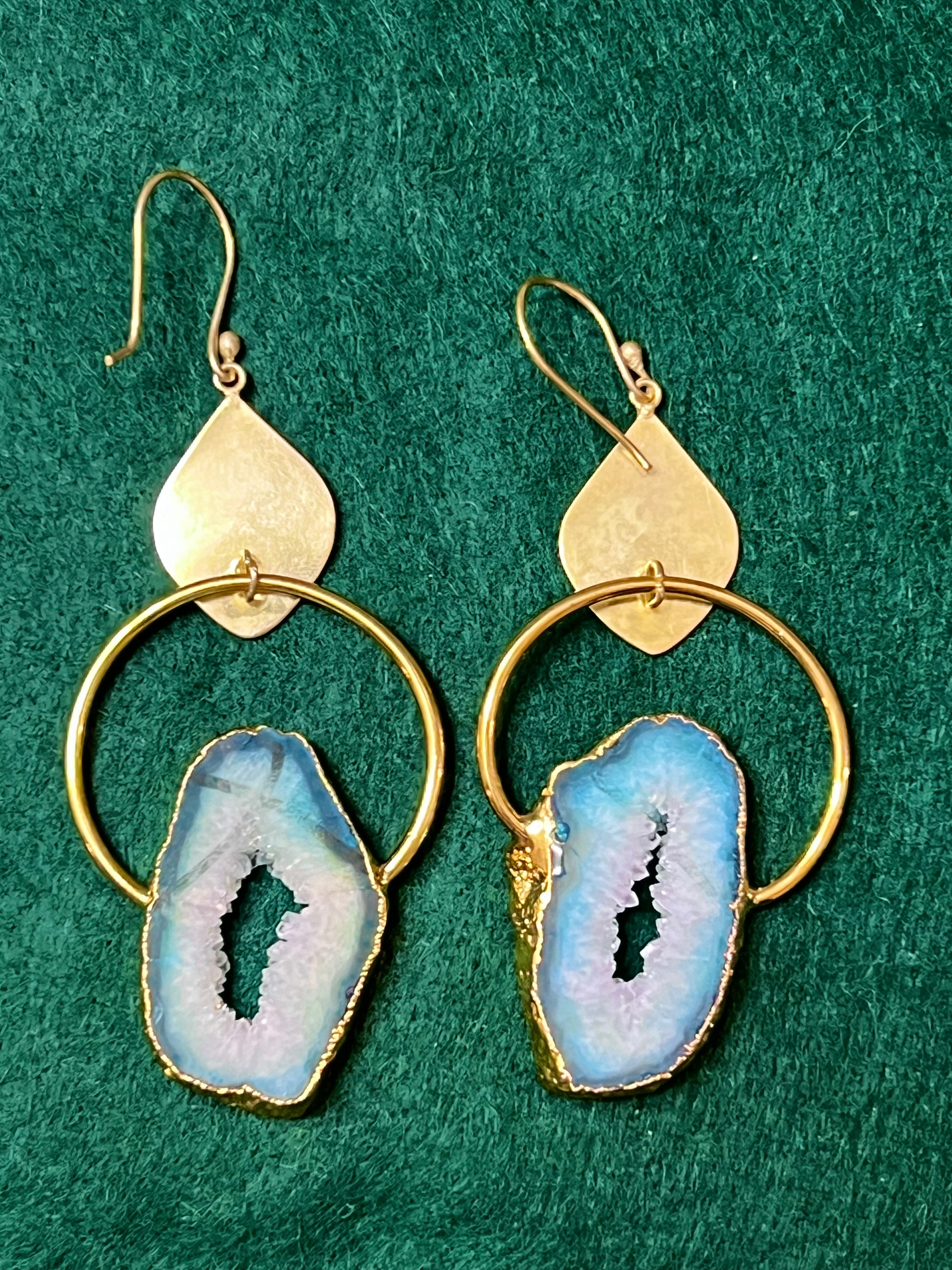 Handmade 14k Gold Druzy Plated Brass Blue Geode Wire Dangle Hoop Earrings
