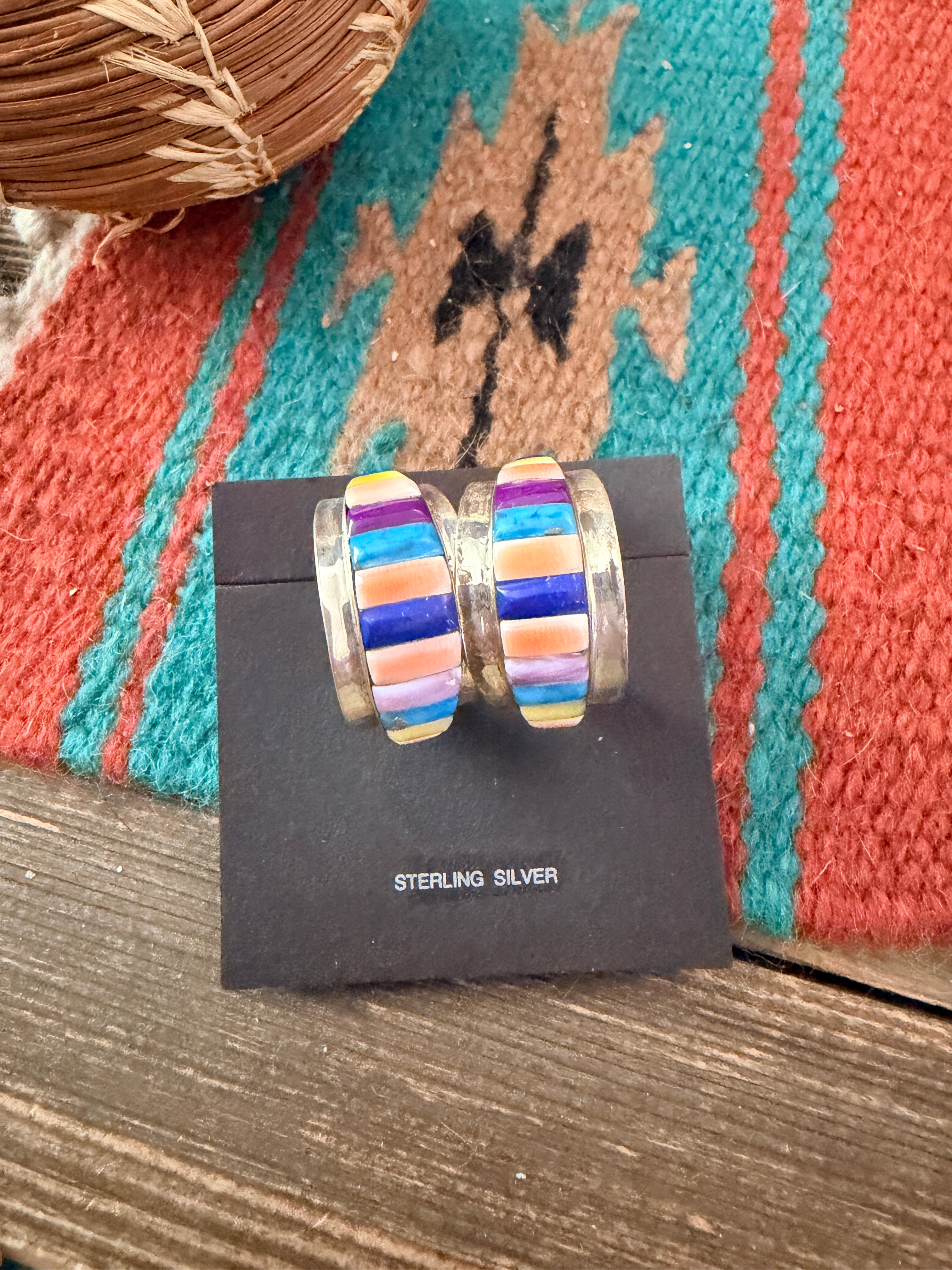 Old Pawn Handcrafted Sterling Silver & Multi Stone Inlay Hoop Earrings