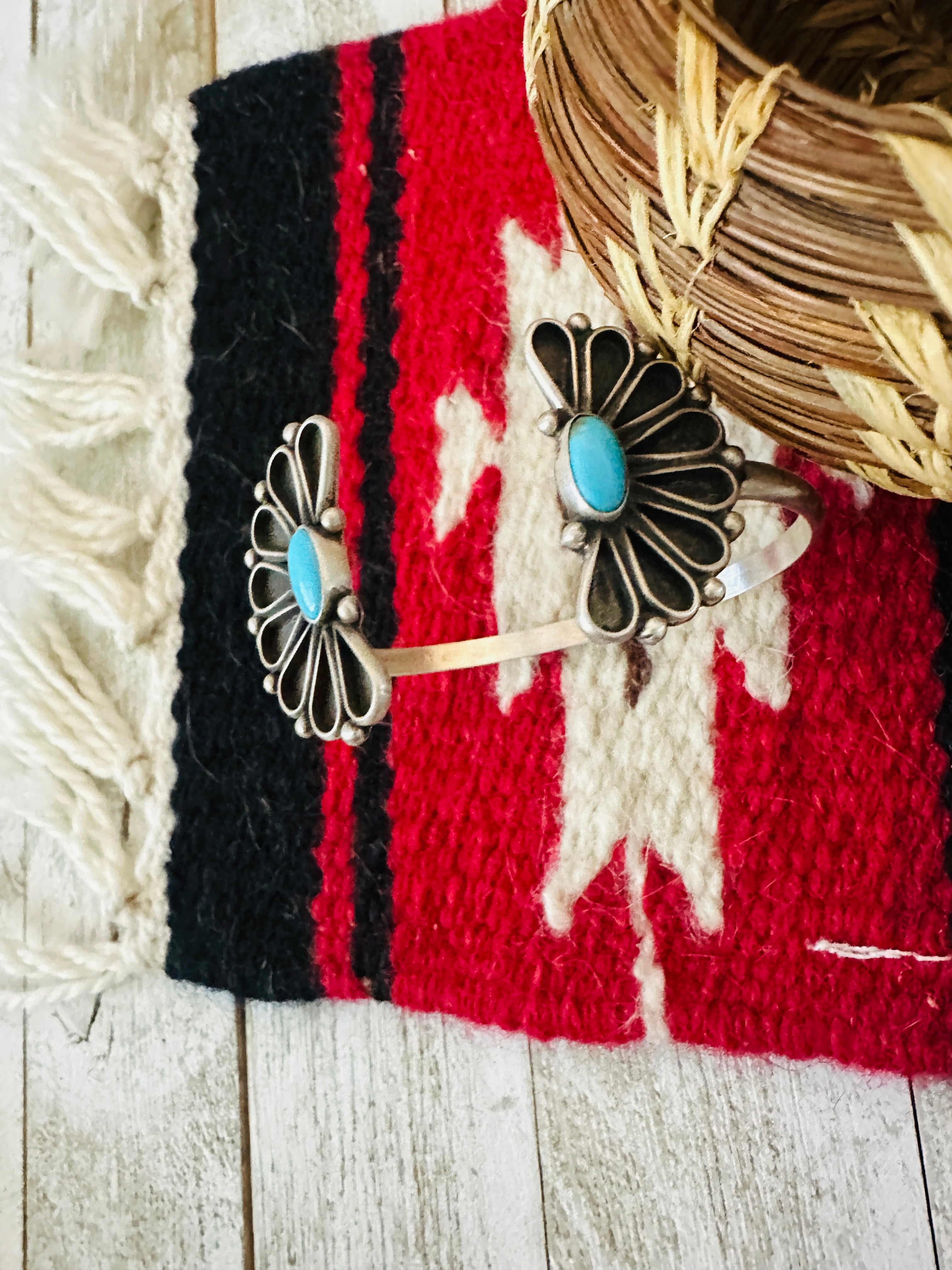 Navajo Turquoise & Sterling Silver Flower Floating Cuff Bracelet