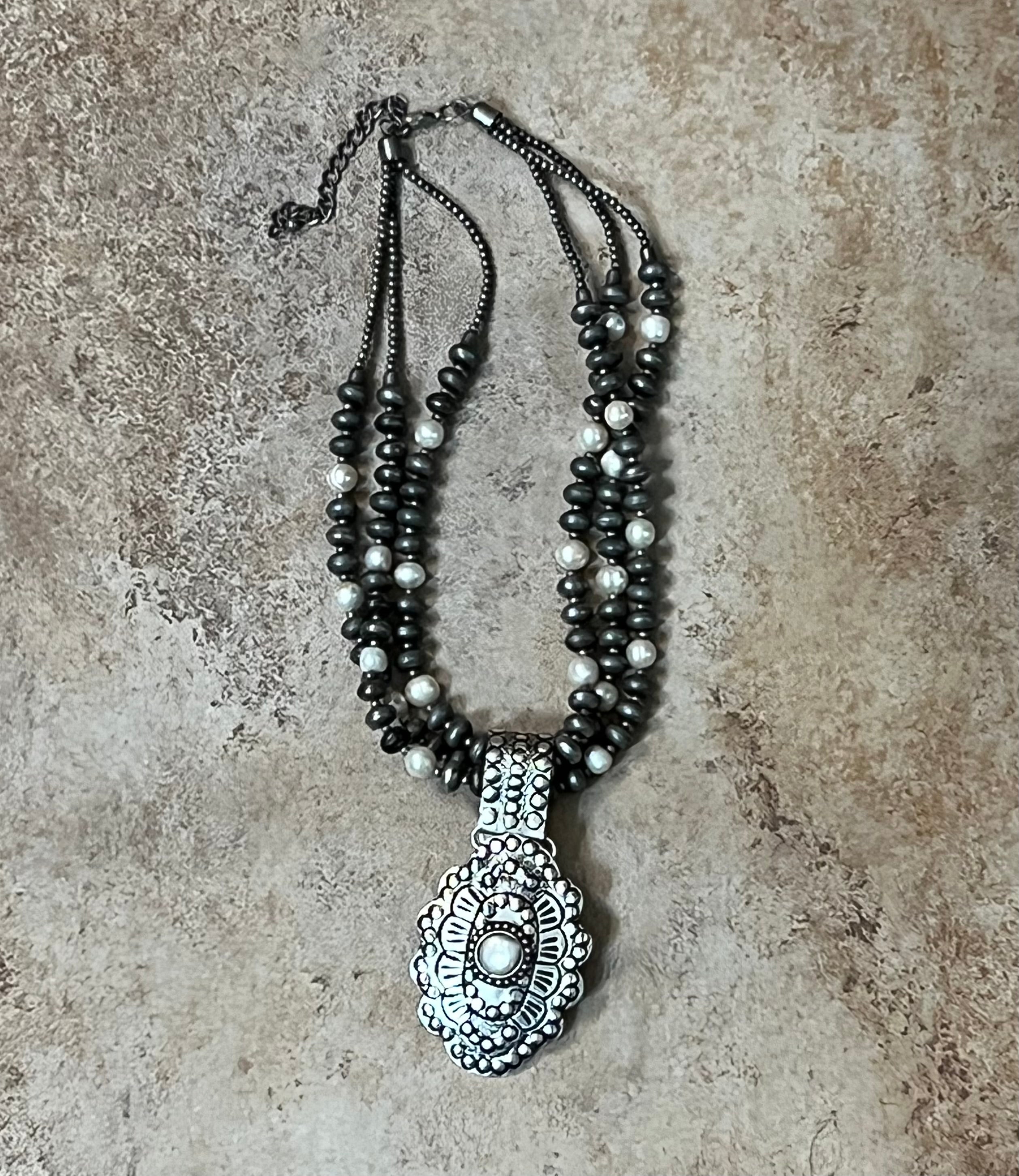 Silver-Plated Three Strand Brass Concho Pearl Necklace