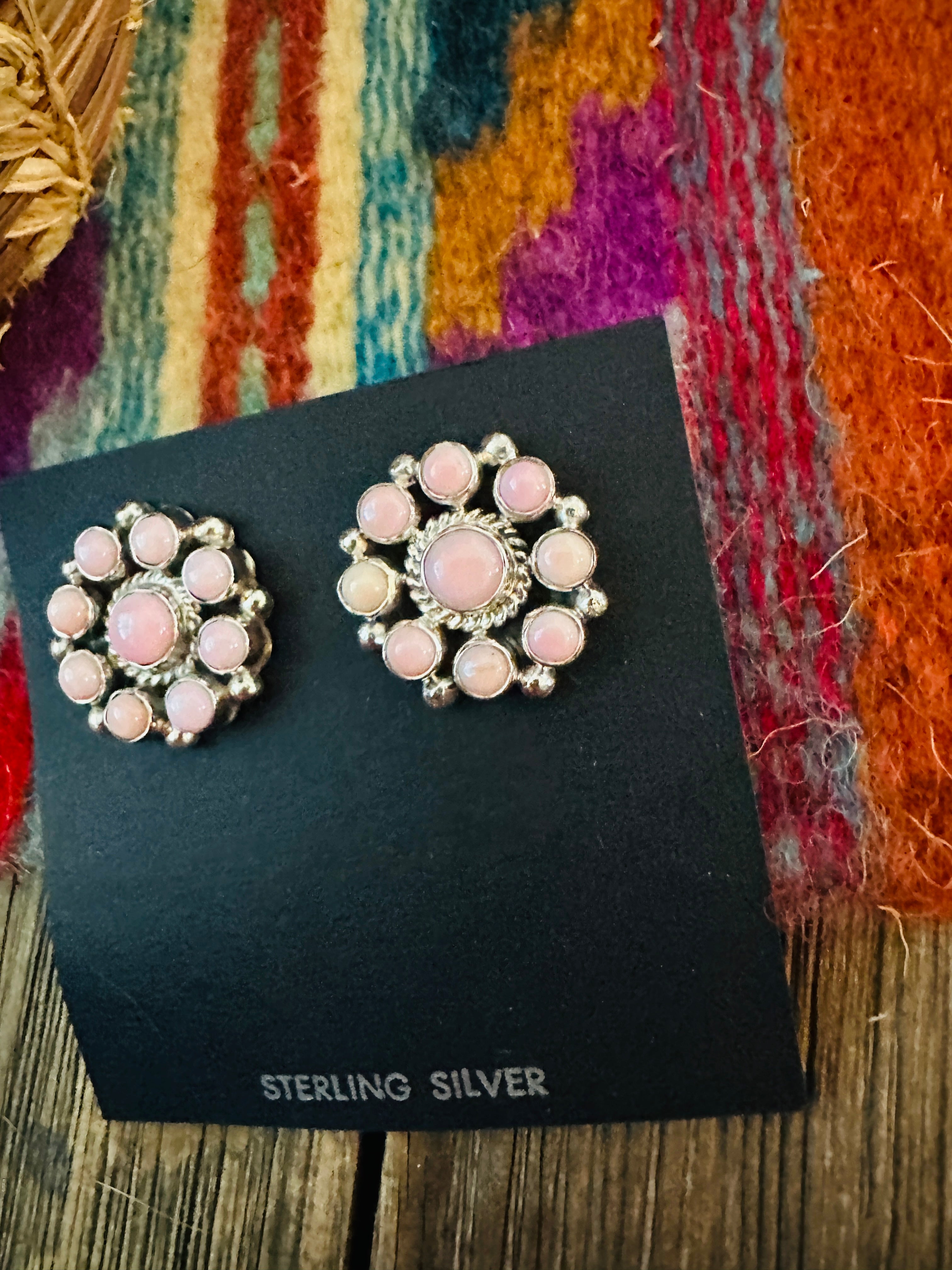 Handcrafted Queen Pink Conch & Sterling Silver Cluster Post Earrings by Debra Smith
