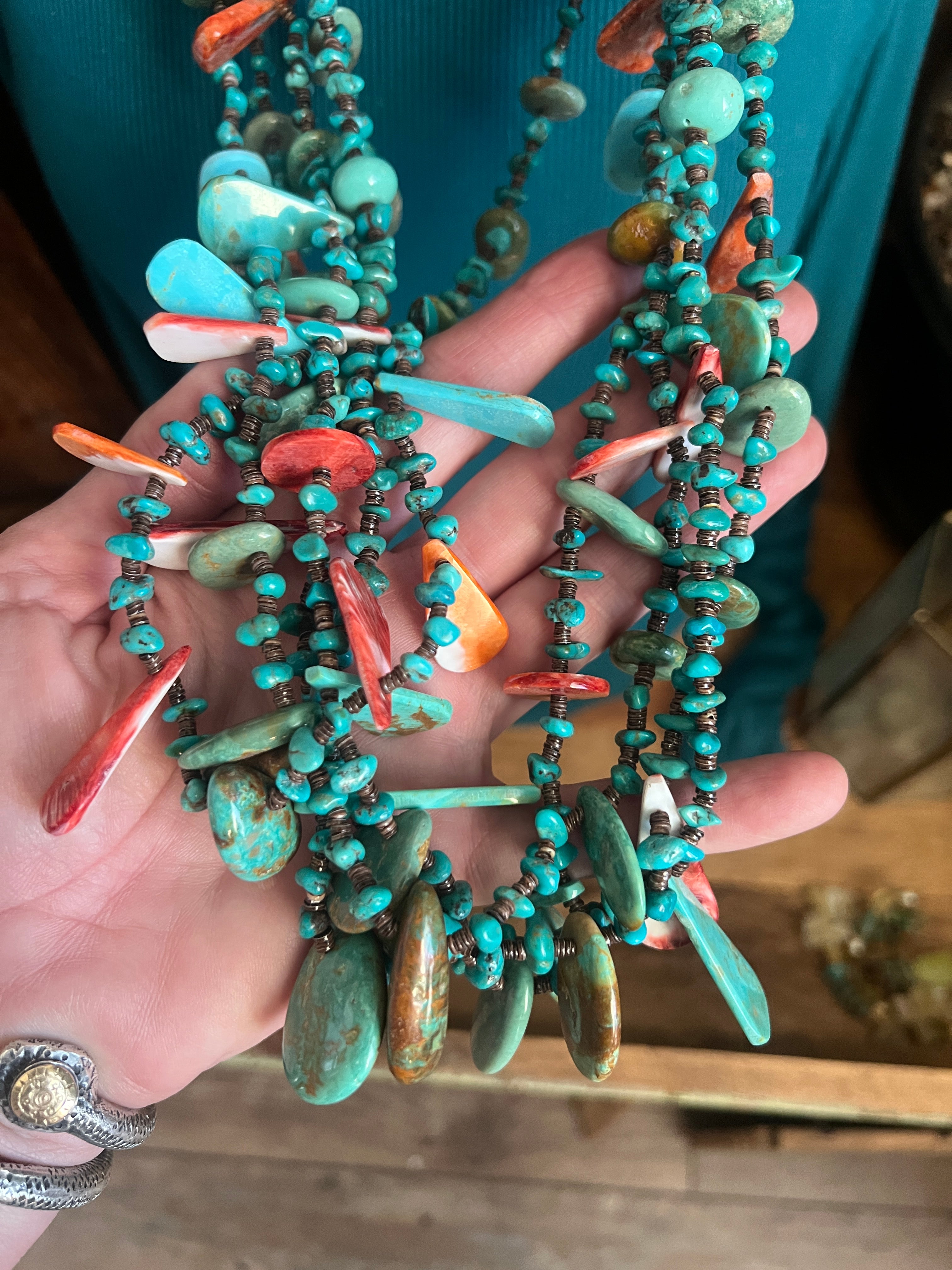 Gorgeous Handcrafted Five Strand Turquoise and Spiny Oyster Beaded Squaw Wrap Necklace with Tabs by Daniel Coriz