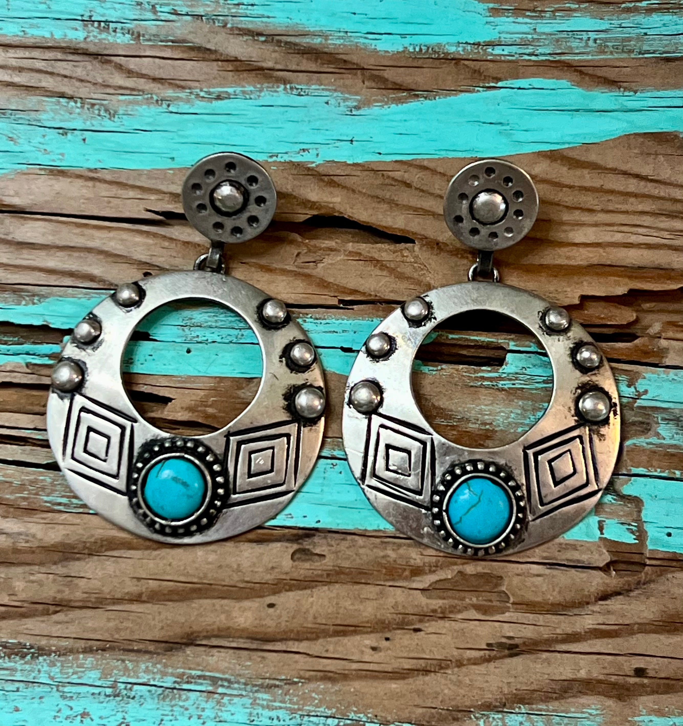 Circle-Shaped, Silver-Plated Engraved Earrings with Blue Accent