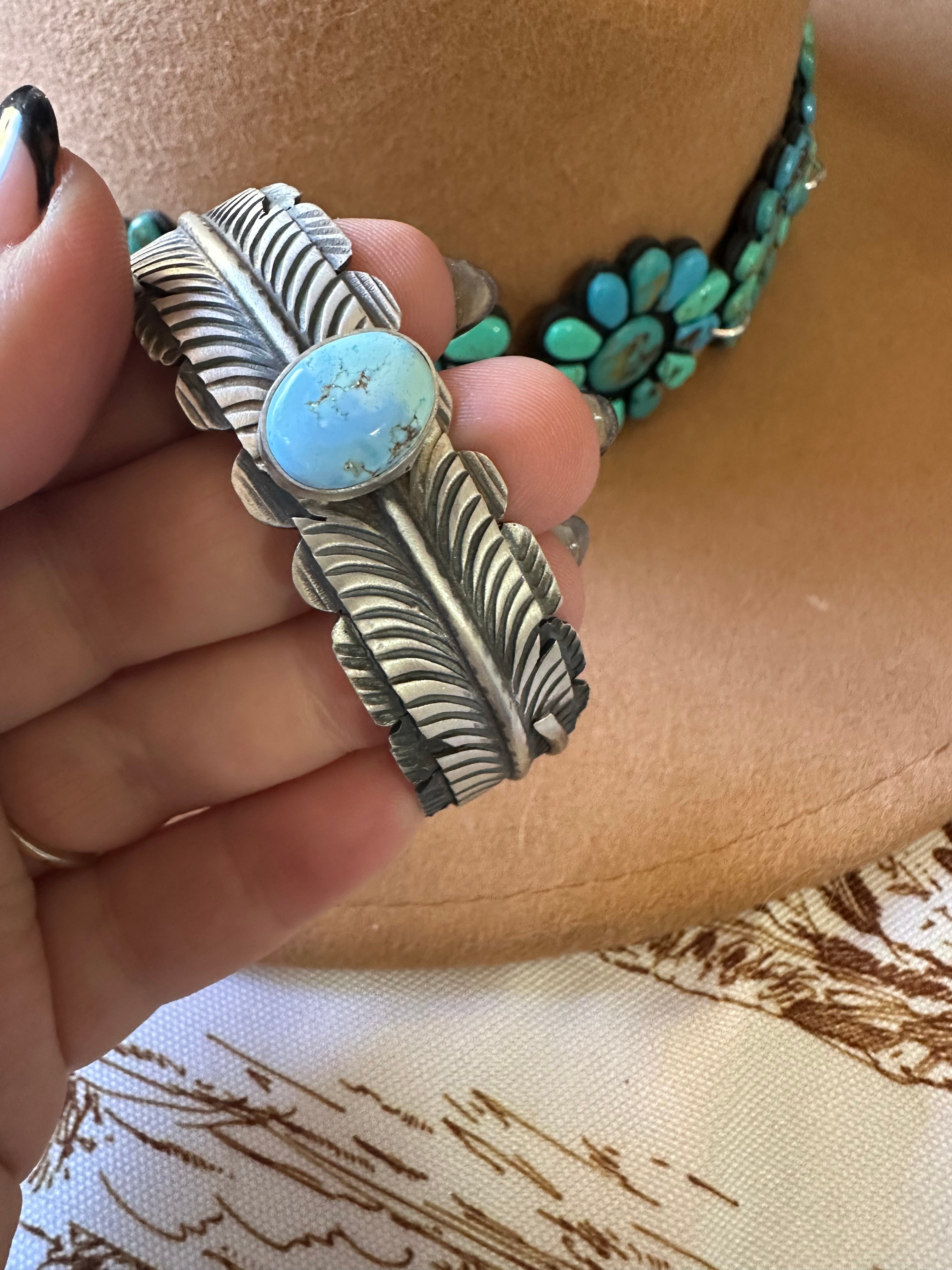 Handcrafted Golden Hills Turquoise & Sterling Silver Feather Cuff Bracelet