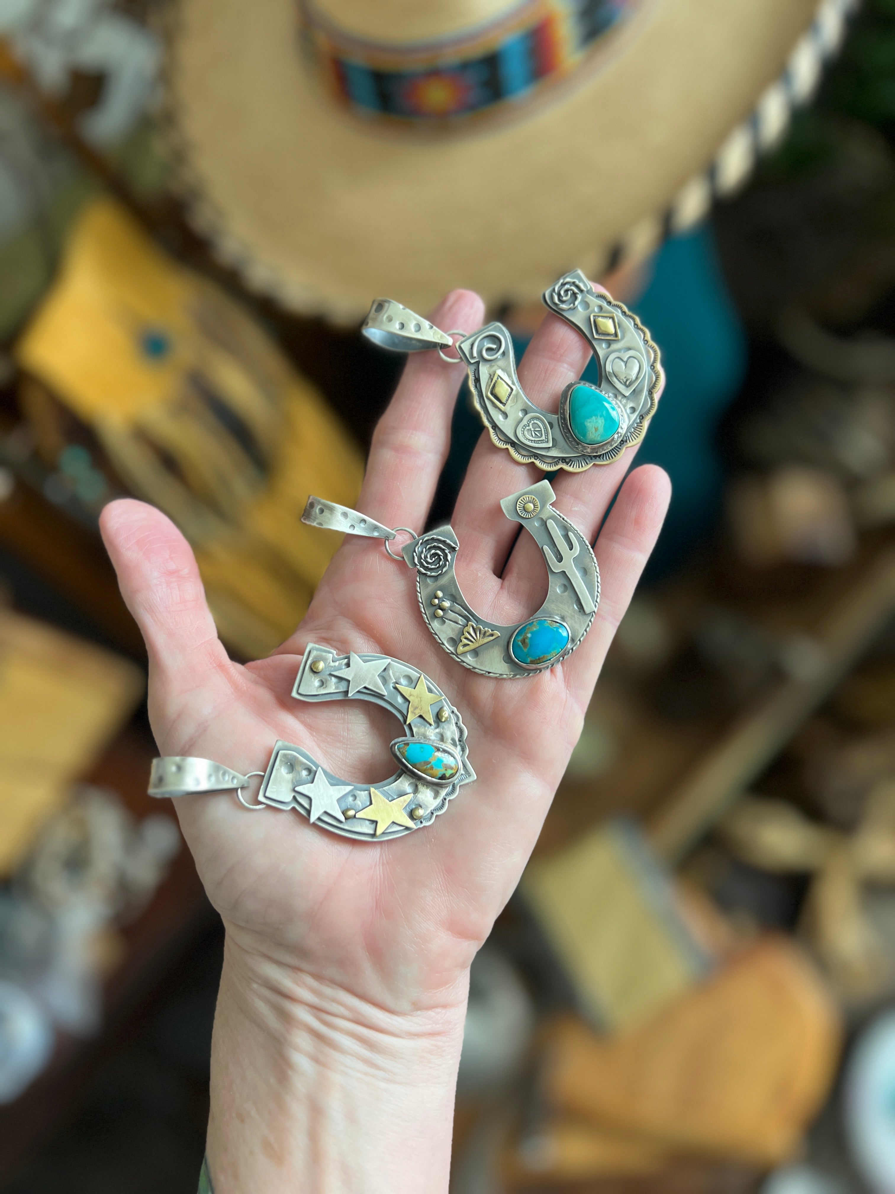 Kimari Somers Hand Stamped Sterling Silver Star Horseshoe Pendant with Brass Accents & Royston Turquoise
