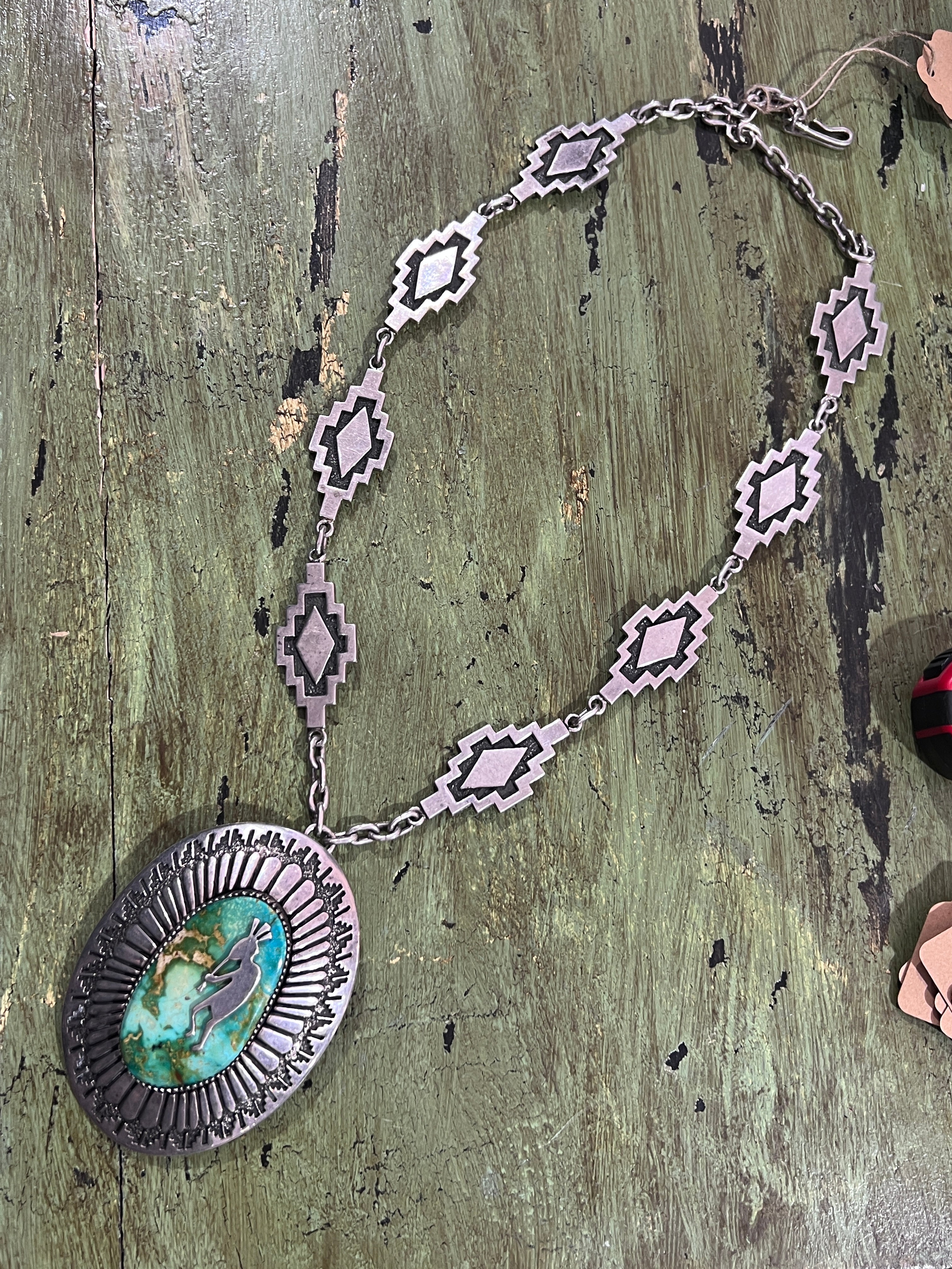 Vintage Handcrafted Sterling Silver and Royston Turquoise Kokopelli Necklace by Tommy Jackson