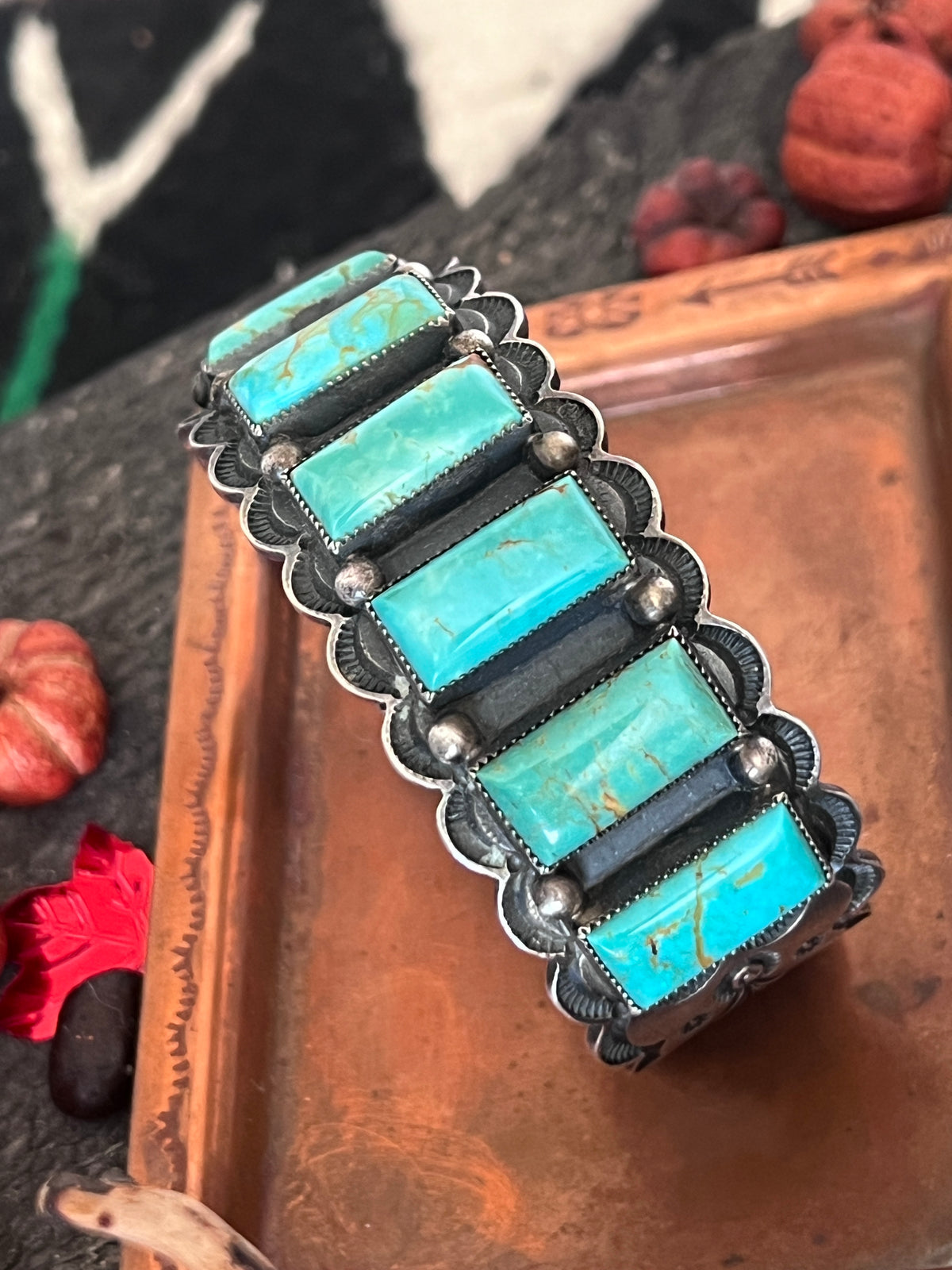 Estate Collection Vintage Sterling Silver and Kingman Turquoise Row Cuff by Tom Lewis