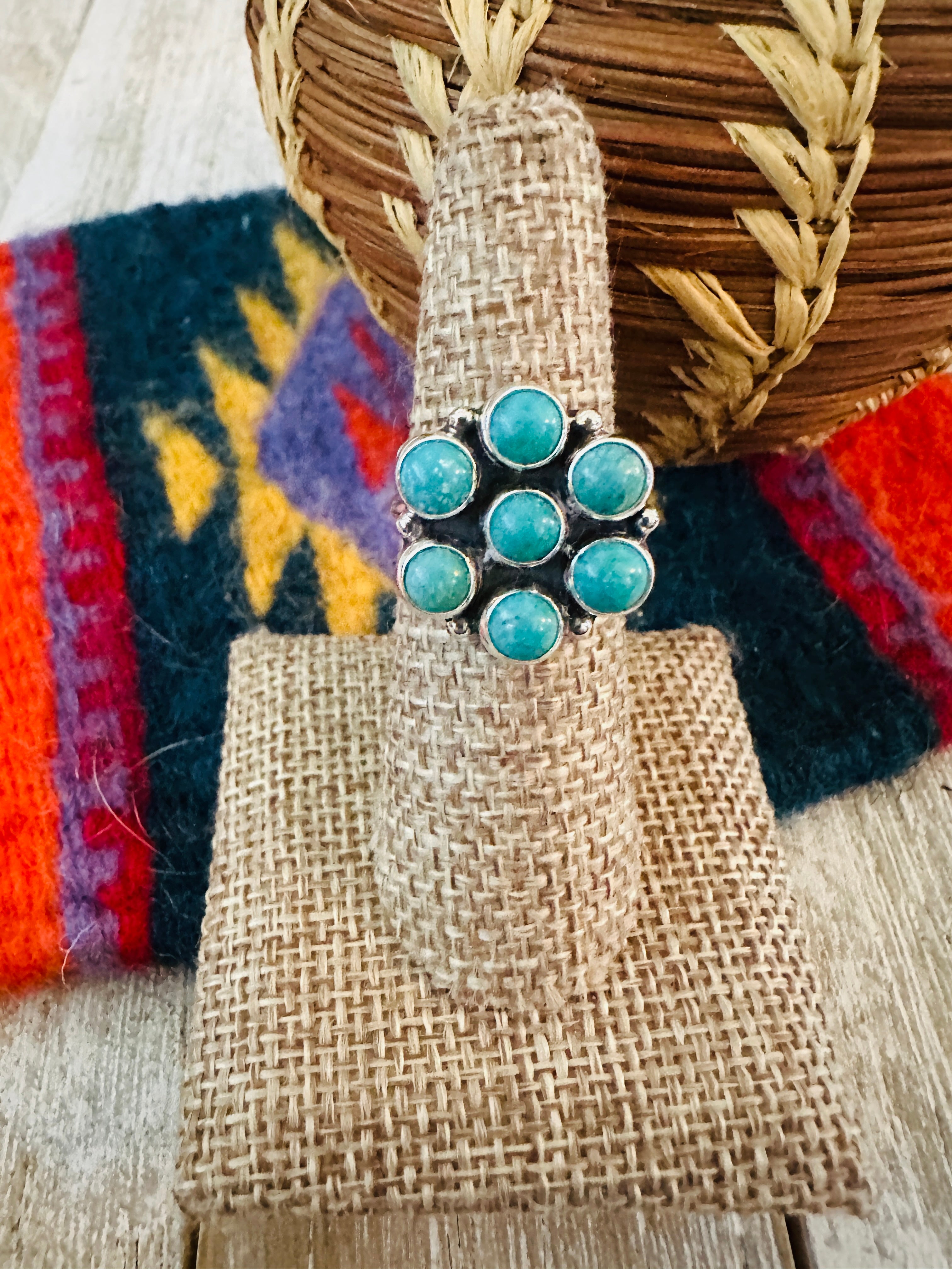 Handcrafted Turquoise & Sterling Silver Cluster Ring Size 6.5