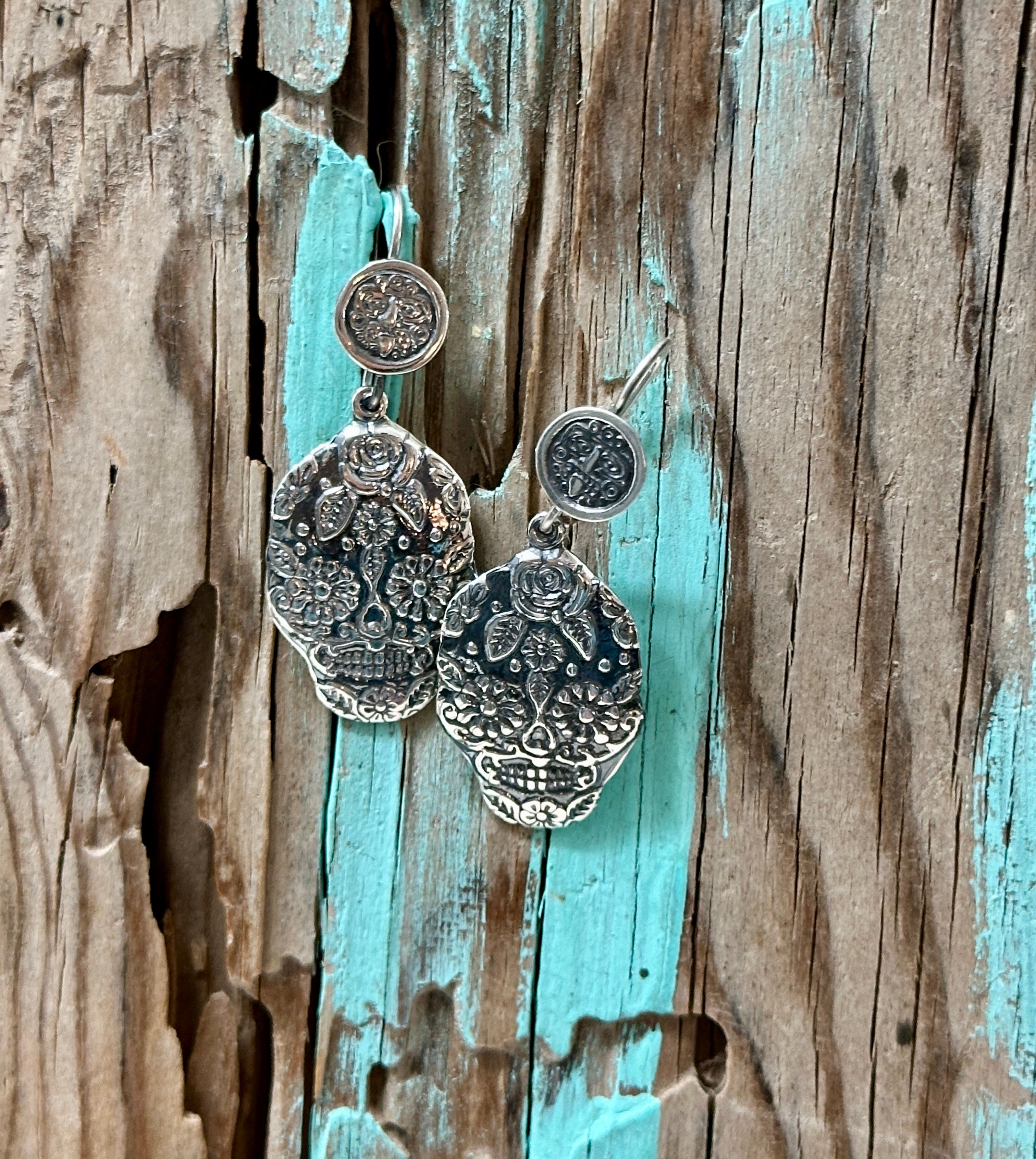 Oxidized Sugar Skull with Disc Hook Sterling Silver Earrings