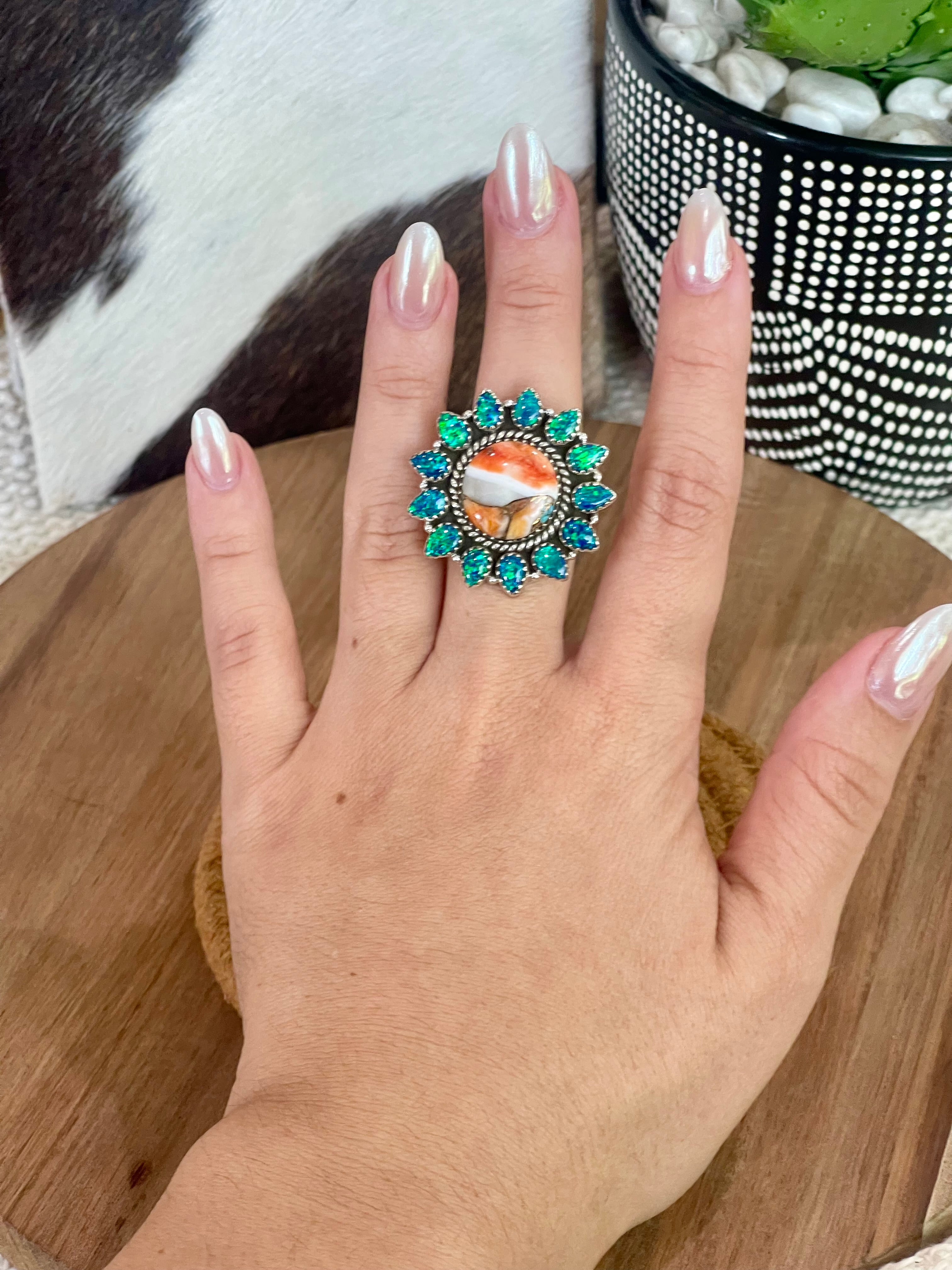 Handmade Sterling Silver, Spice & Blue Fire Opal Adjustable Ring