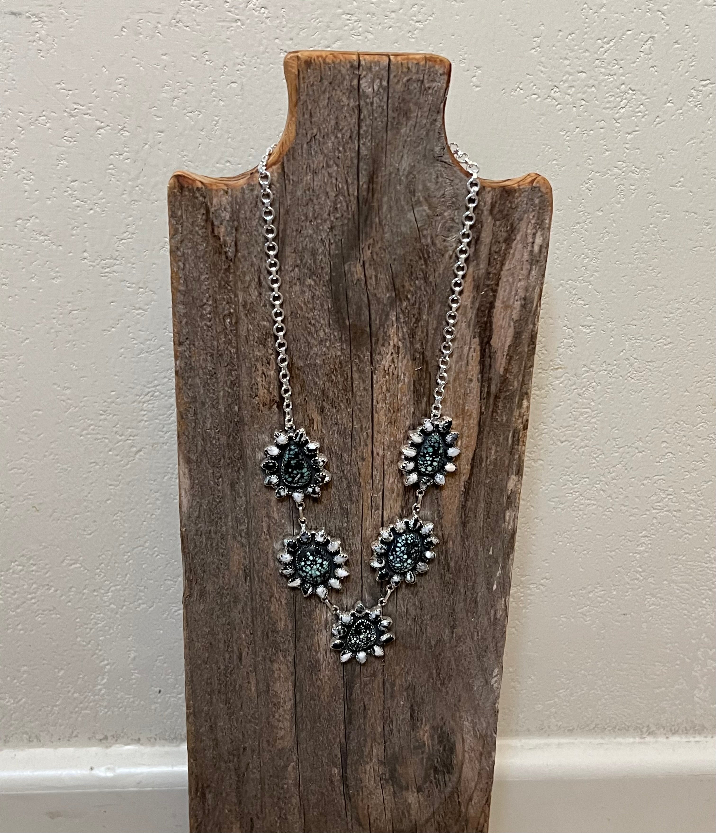 Handmade Newlander Turquoise & White Buffalo Sterling Silver Drop Necklace