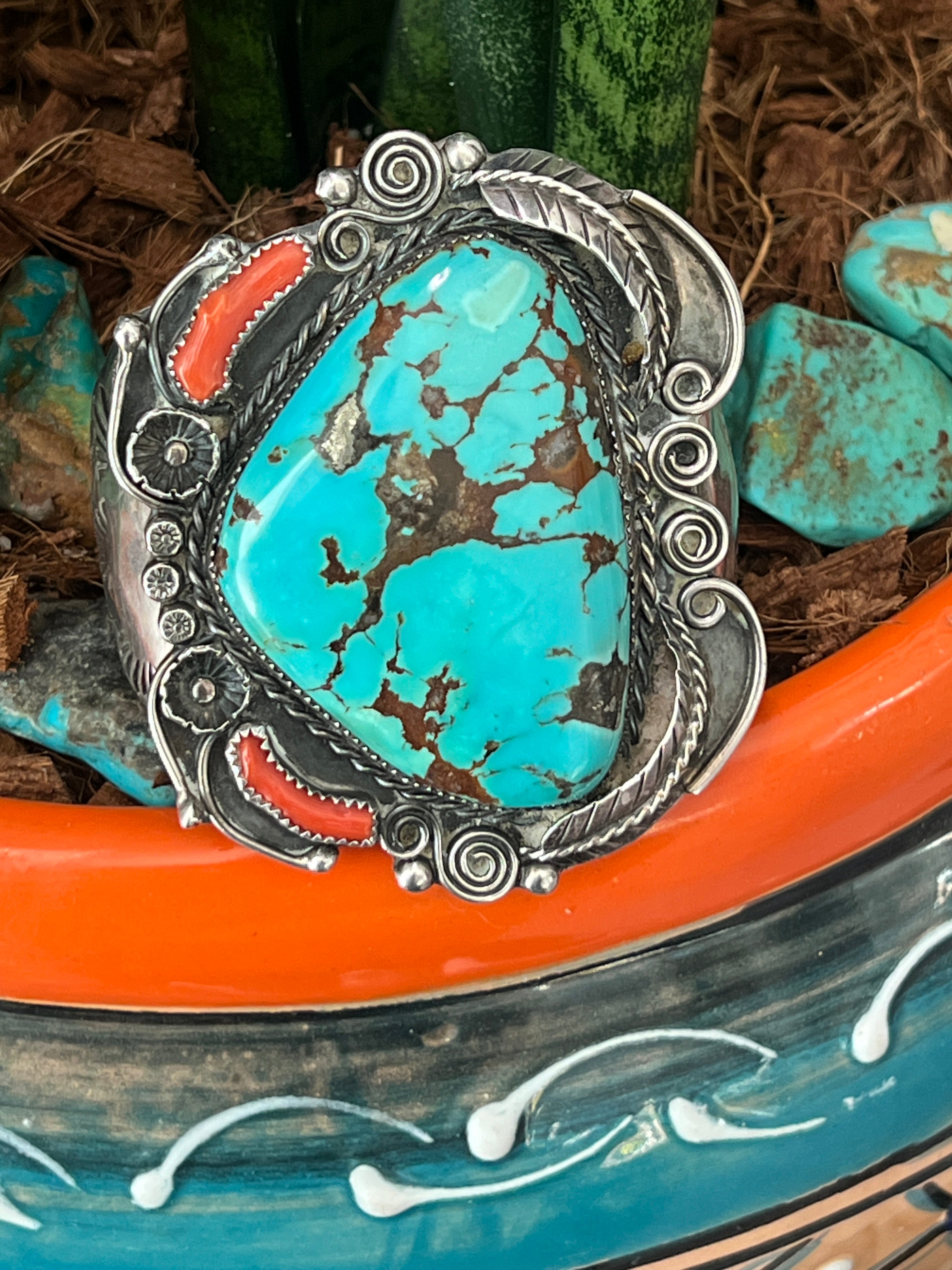 Handcrafted Vintage Sterling Silver, Turquoise and Coral Cuff Bracelet, Unsigned /